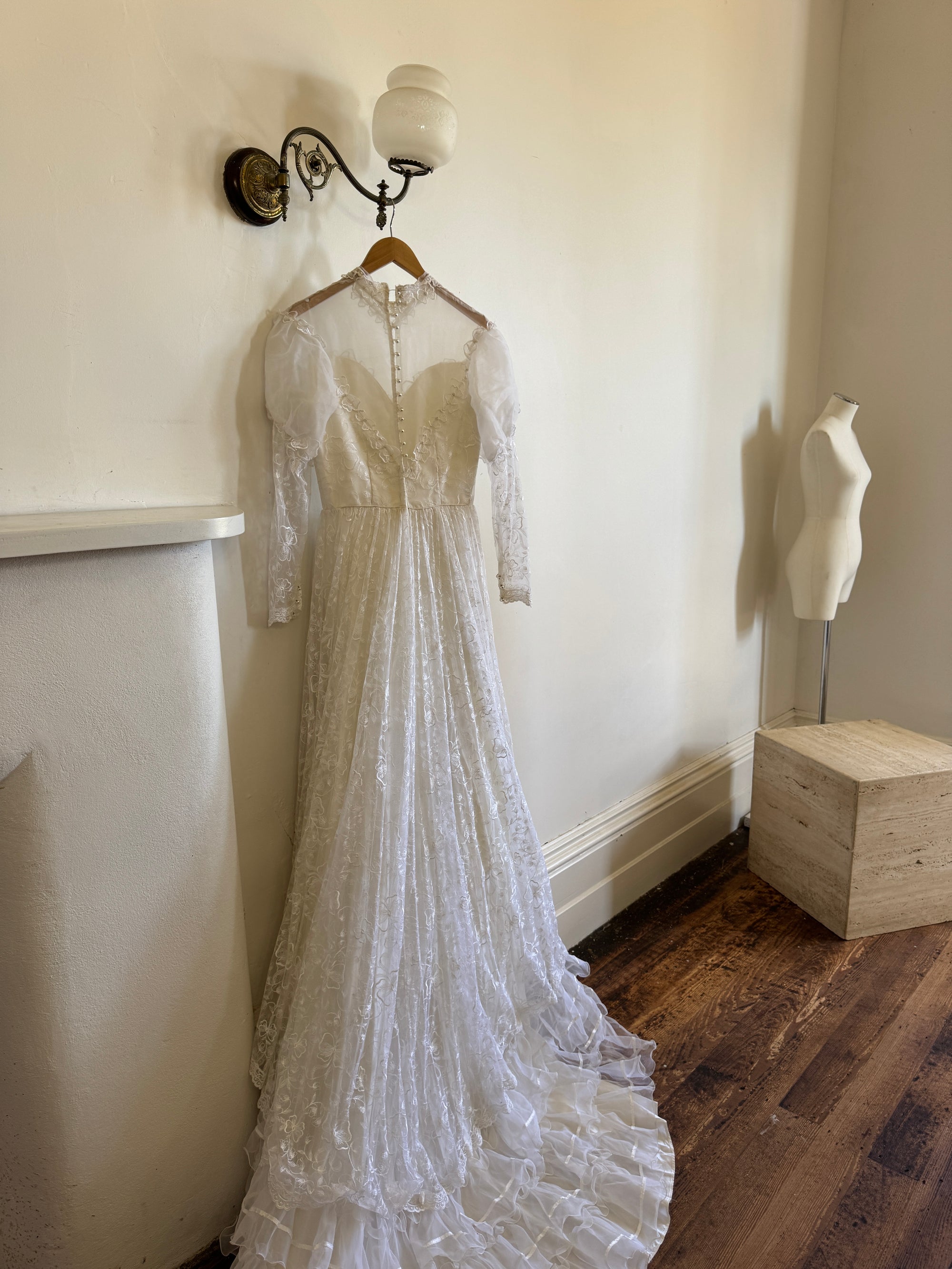 Vintage 70s Puff Sleeve Organza Ruffle Wedding Gown