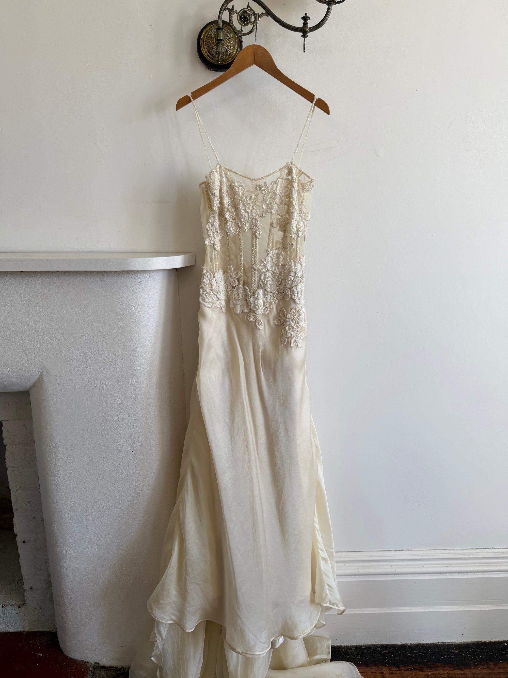 Vintage 90s Italian Nude Floral Beaded Silk Organza Wedding Gown