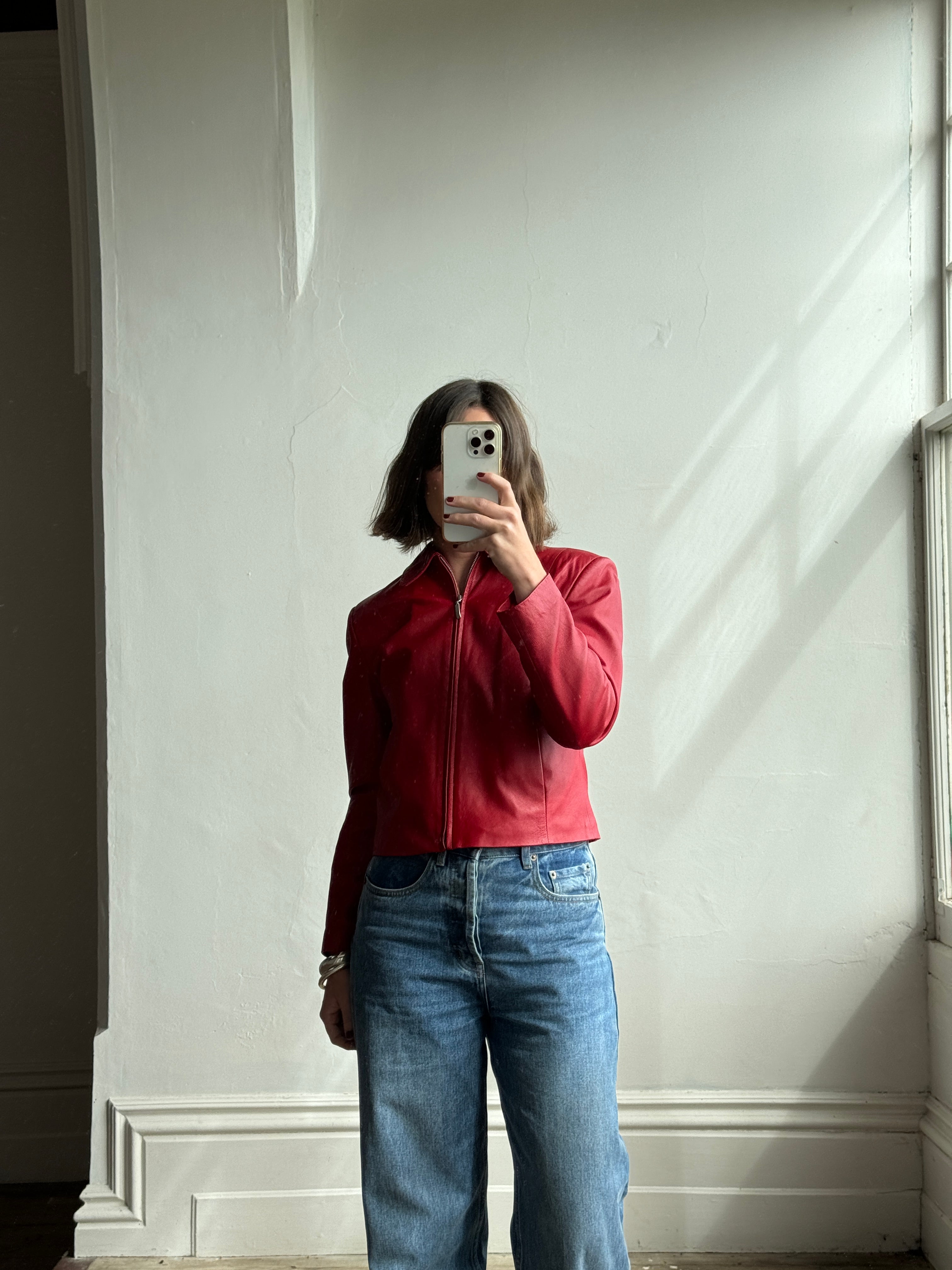Vintage 90s Zip Front Leather Jacket Red