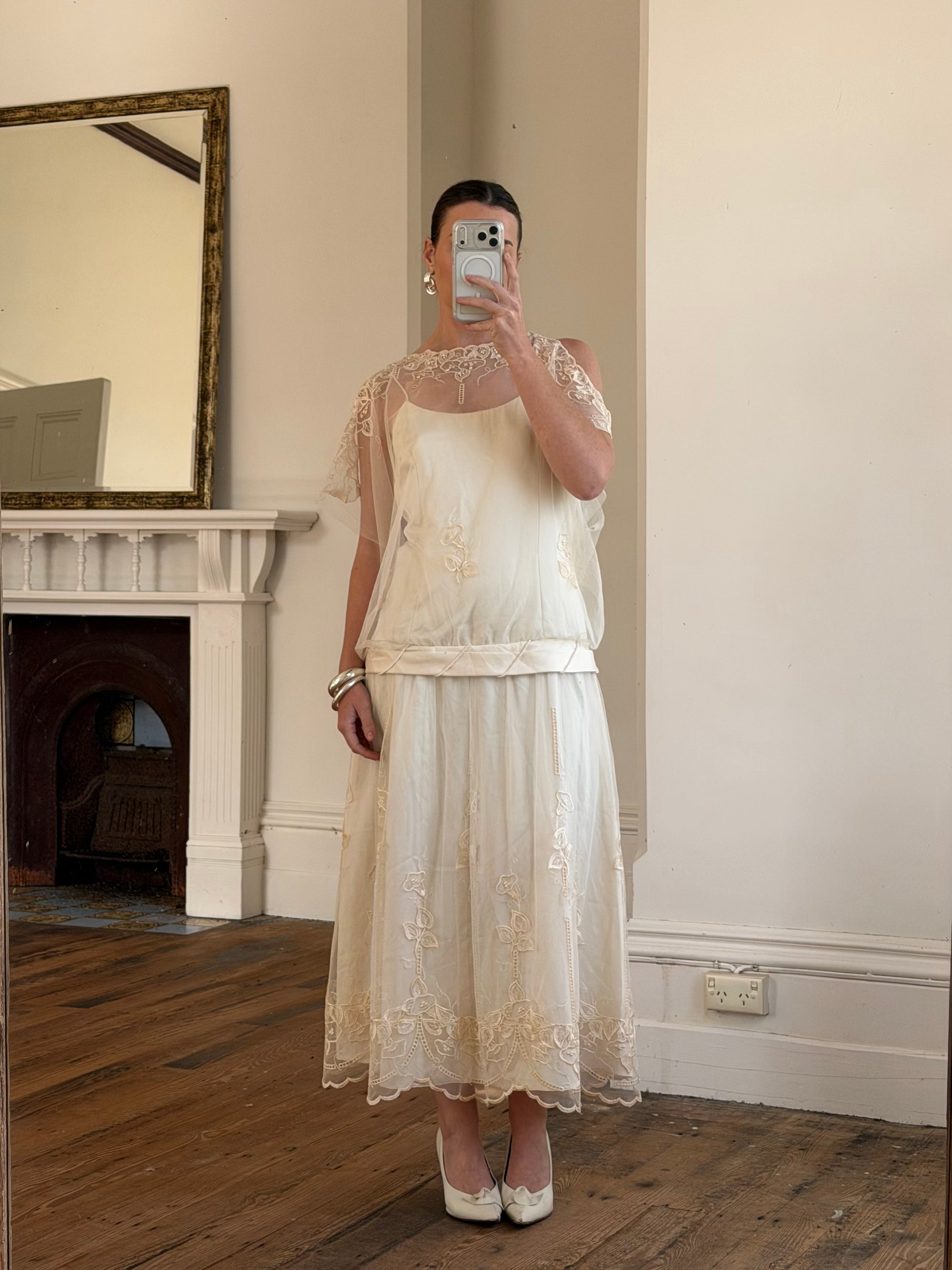 Vintage 80s Drop Waist Floral Sheer Midi Dress Creme