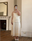 Vintage 80s Drop Waist Floral Sheer Midi Dress Creme
