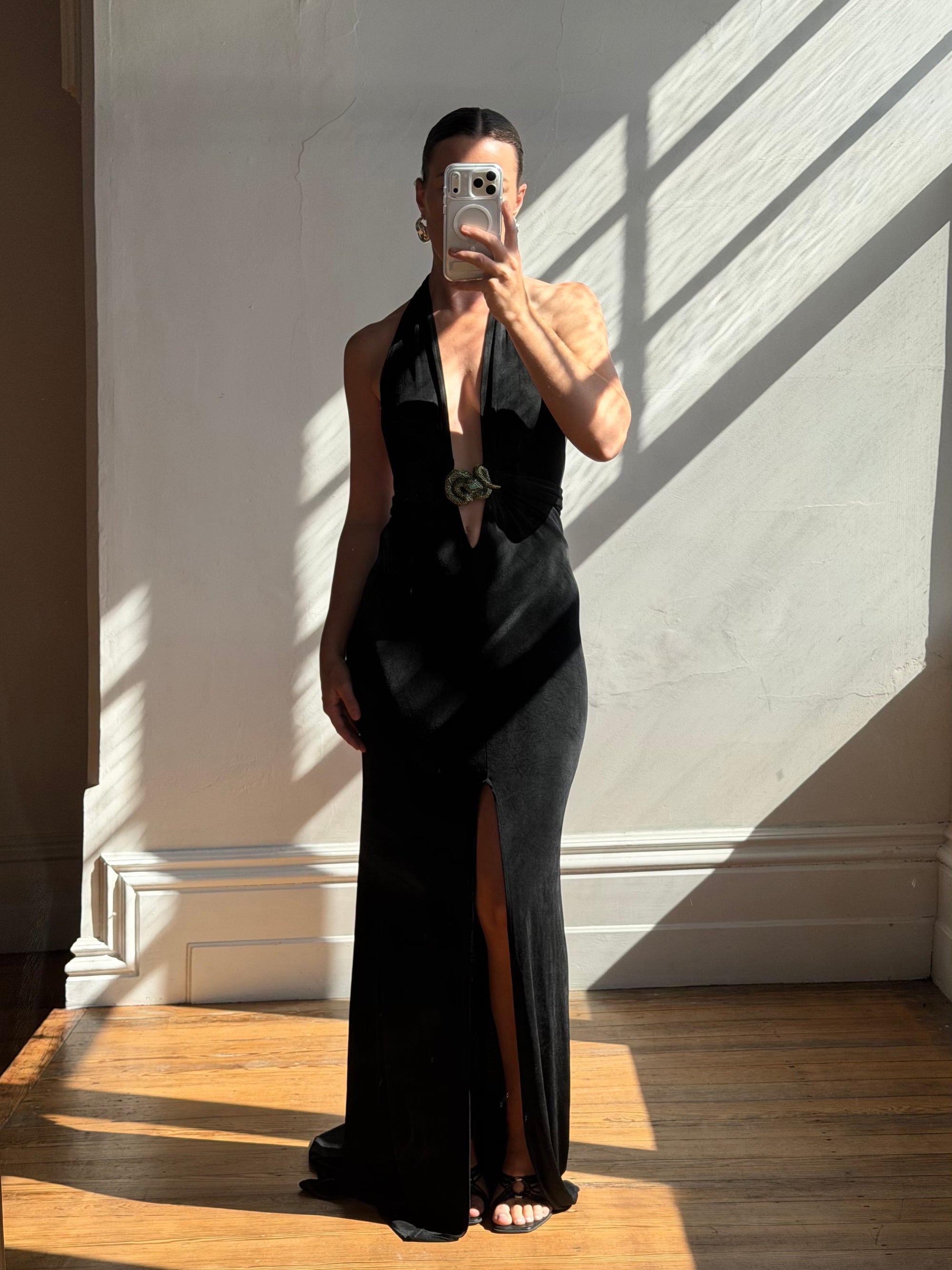 Vintage 90s Low Jersey Evening Dress Rhinestone Snake Noir