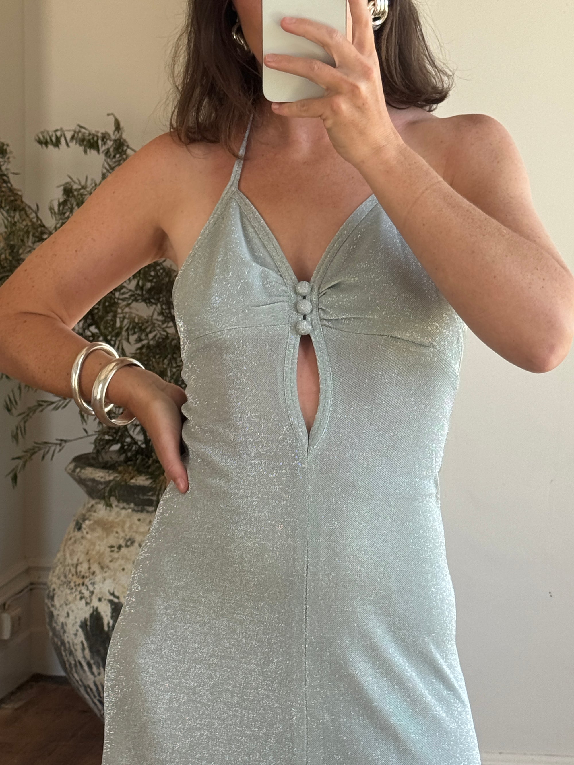 Vintage 70s Lurex Ice Blue Halter Maxi Dress