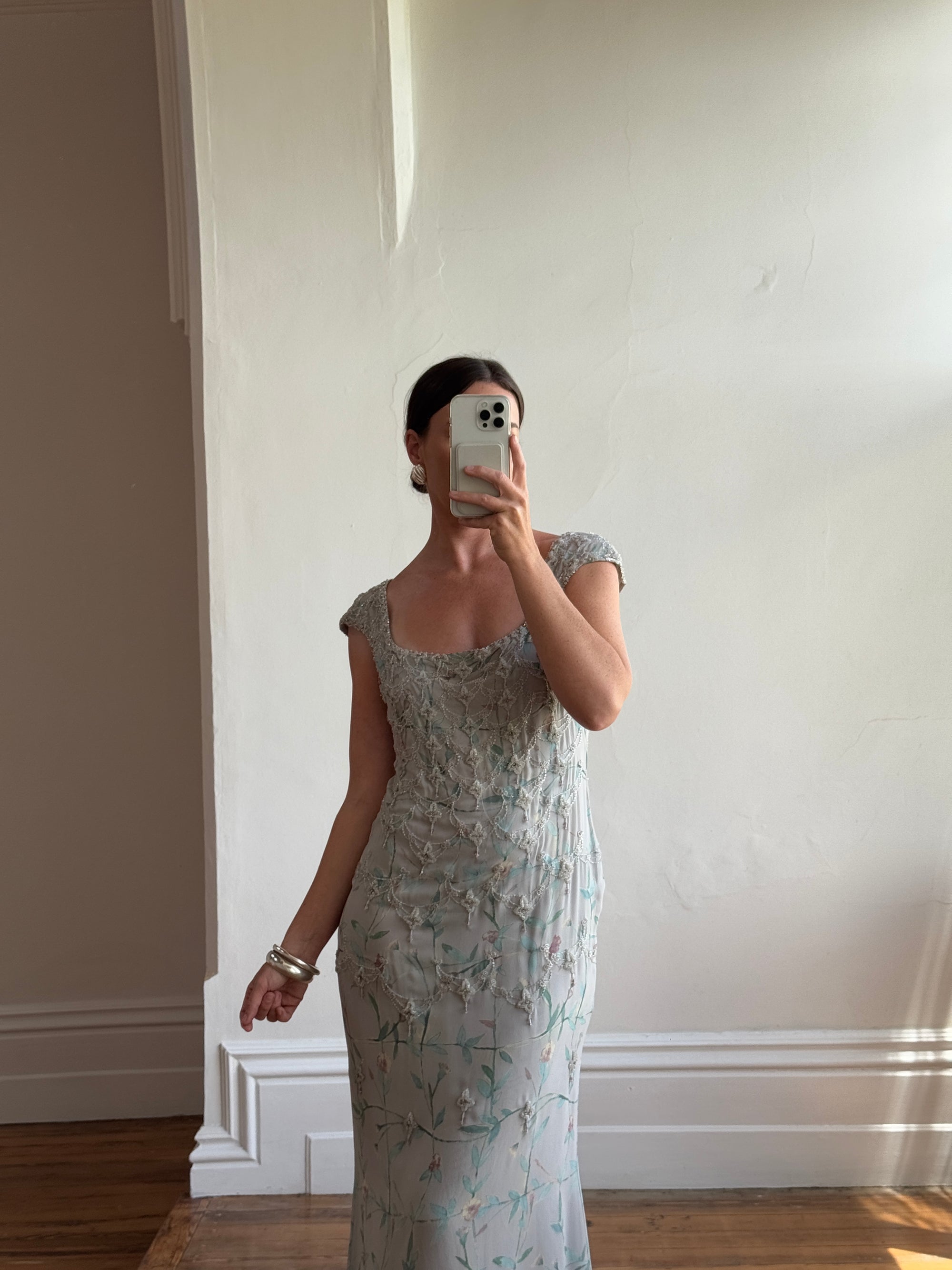 Vintage 90s Badgley Mischka Silver Pure Silk Embellished Gown