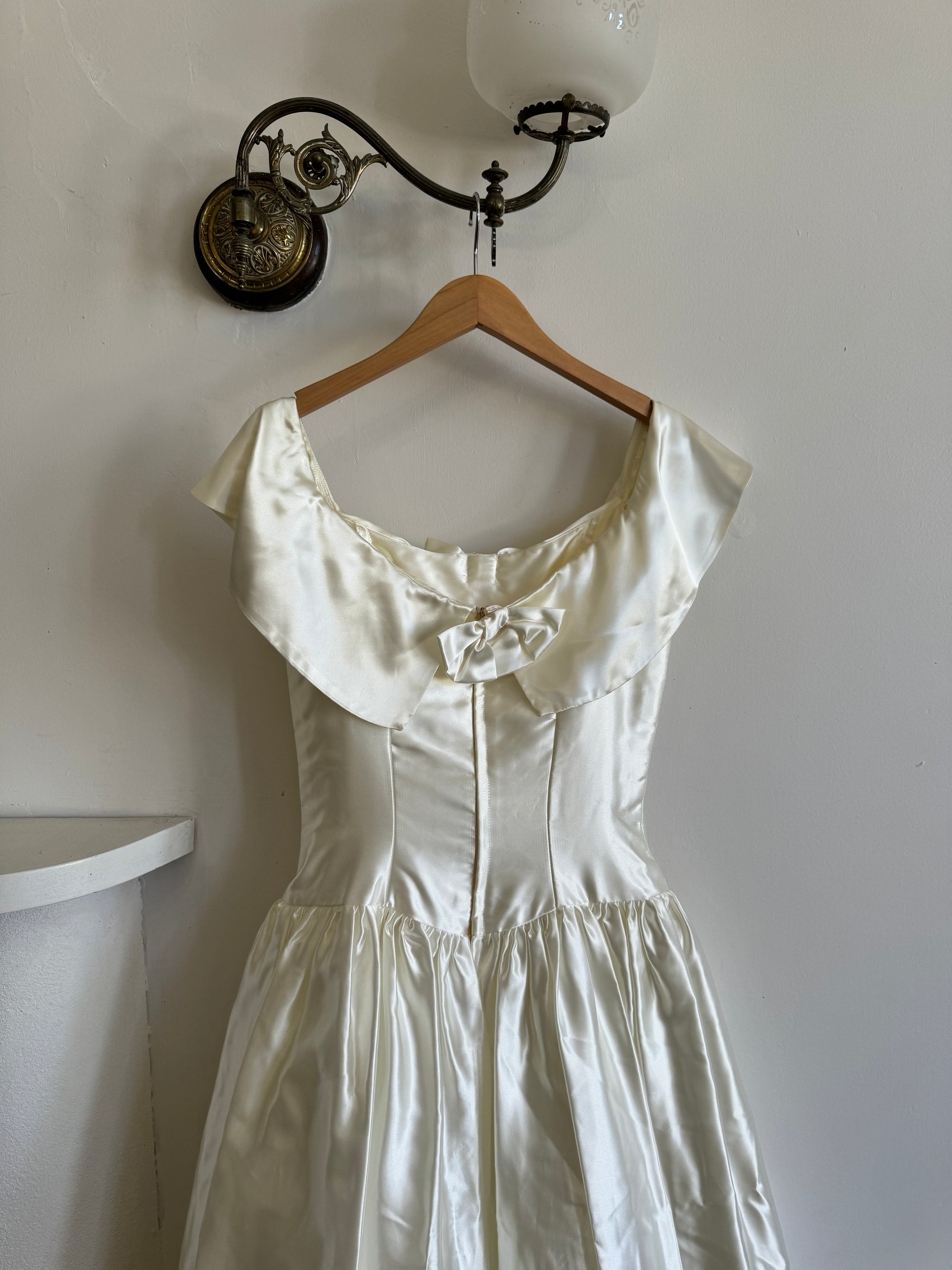 Vintage 80s Satin Tea Length Wedding Dress