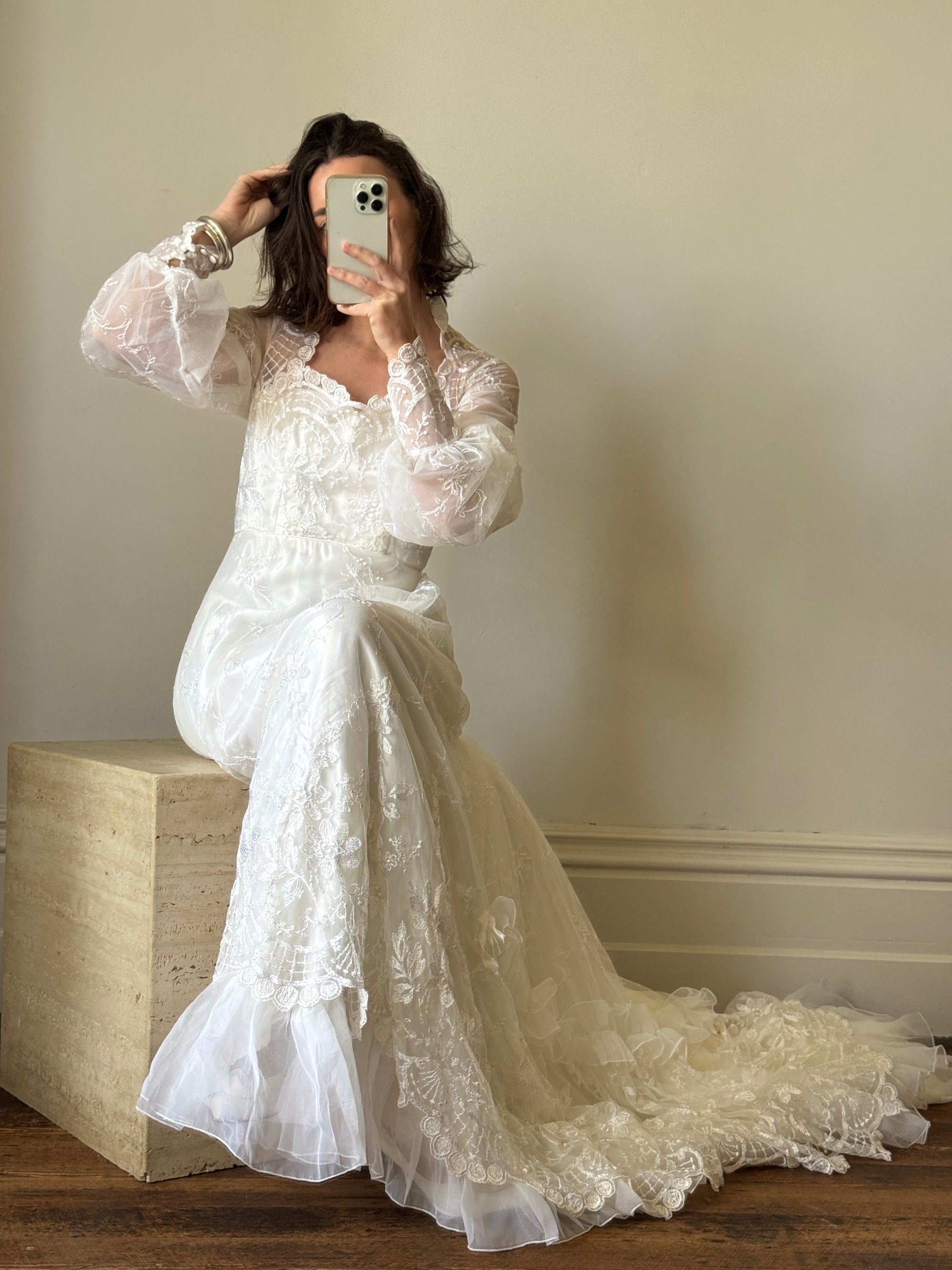 Vintage 70s Embroidered Prairie Long Sleeved Wedding Gown