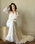 Vintage 70s Embroidered Prairie Long Sleeved Wedding Gown