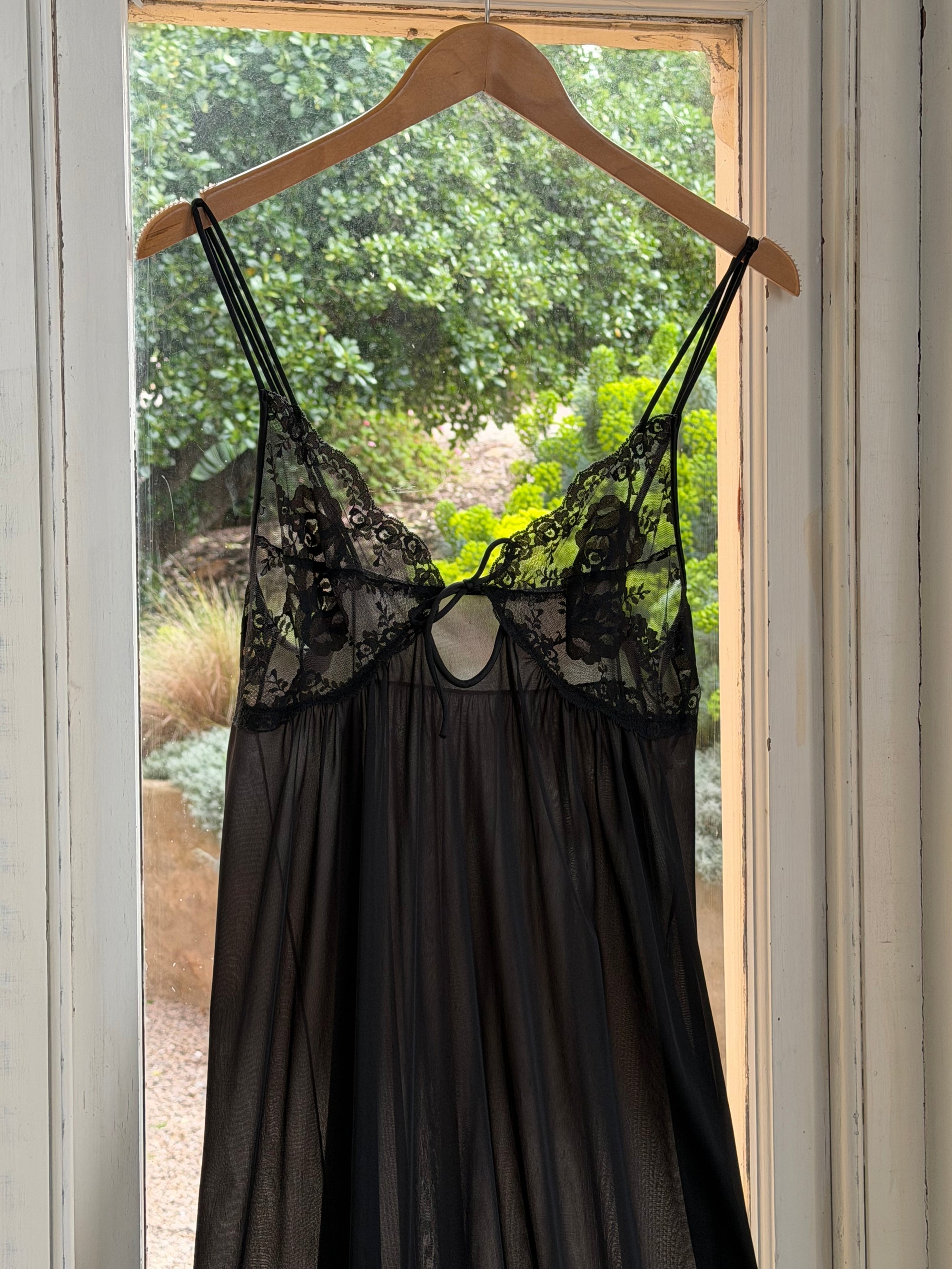Vintage 80s Sheer Lace Slip Dress Noir