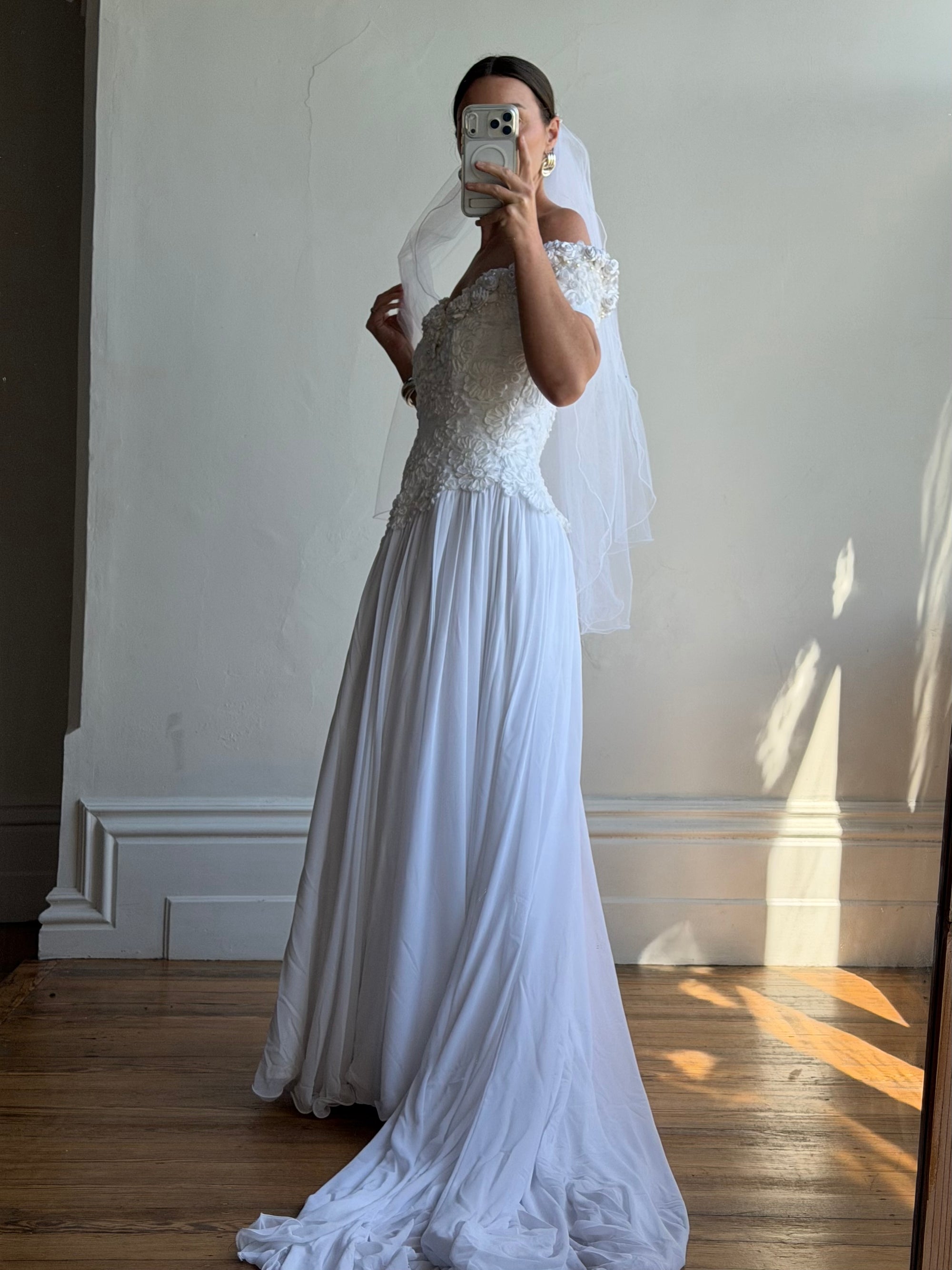 Vintage 80s 3D Floral Off Shoulder Bridal Gown and Veil