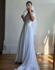 Vintage 80s 3D Floral Off Shoulder Bridal Gown and Veil