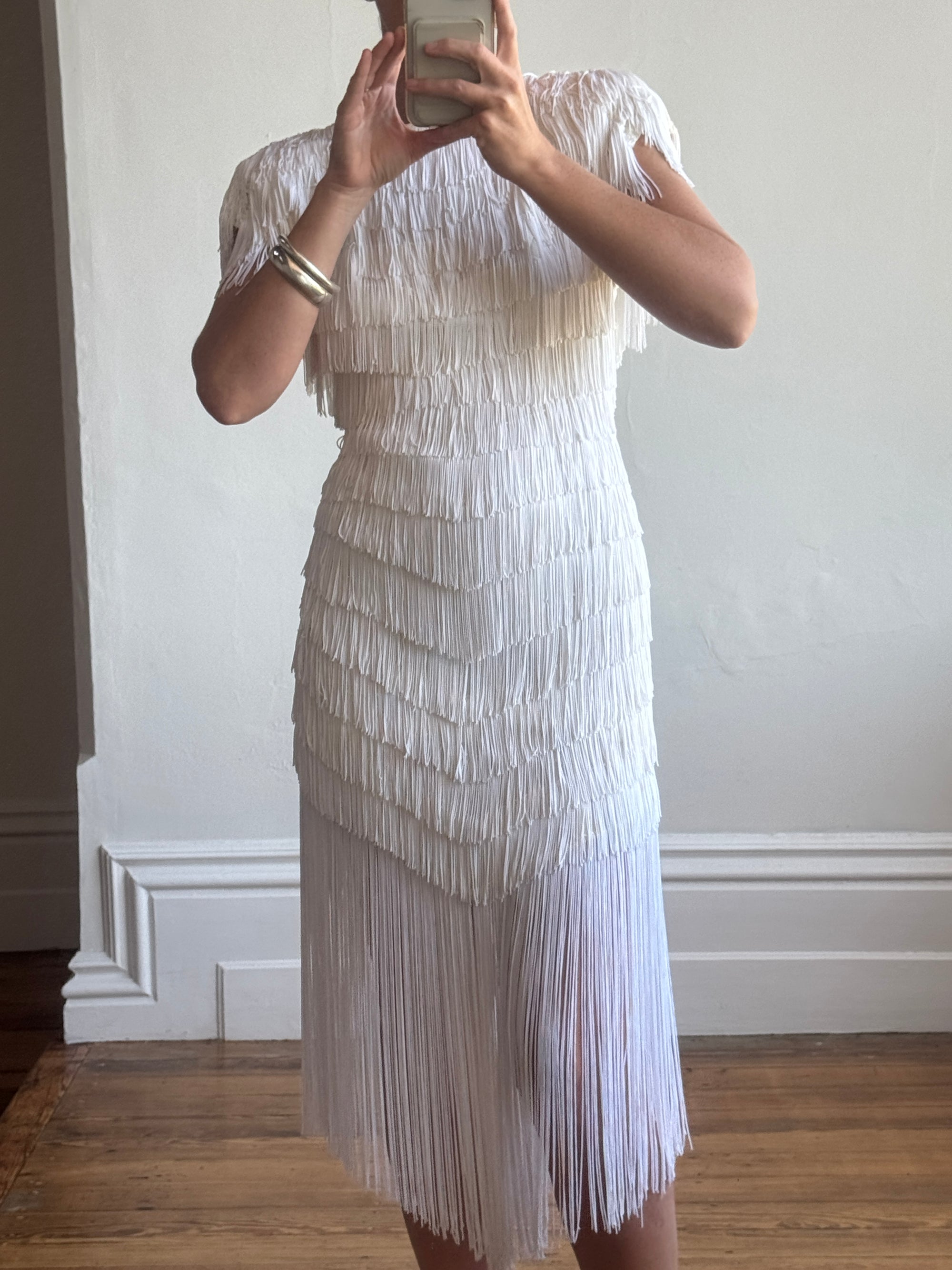 Vintage 80s Fringed Mini Party Dress Ivory