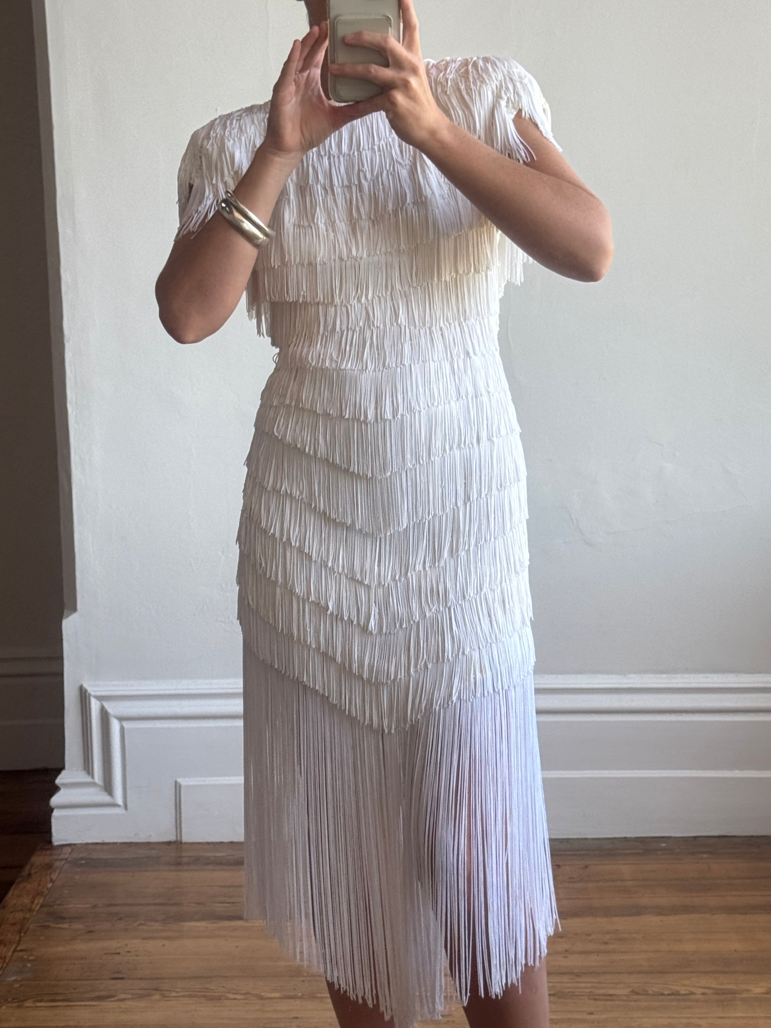 Vintage 80s Fringed Mini Party Dress Ivory