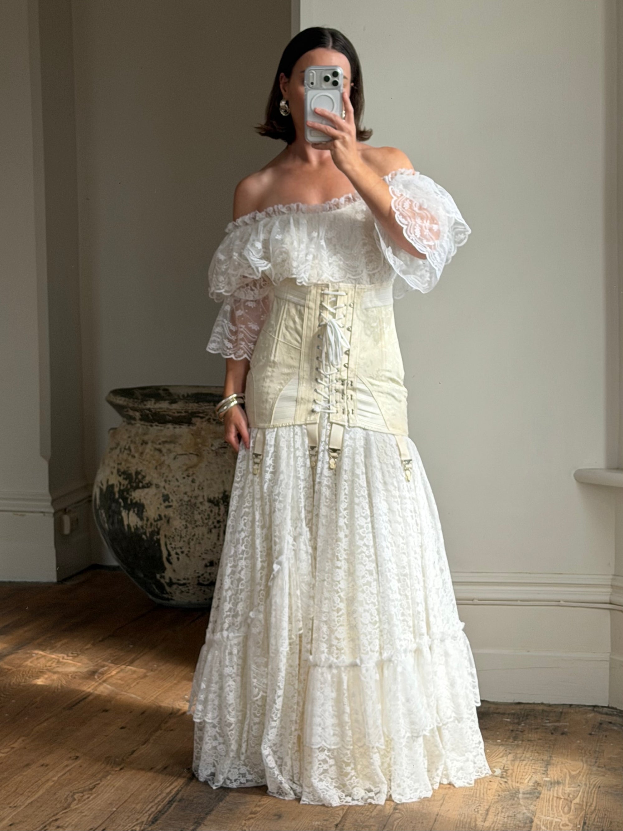 Vintage 50s Bridal Jacquard Underbust Corset Creme