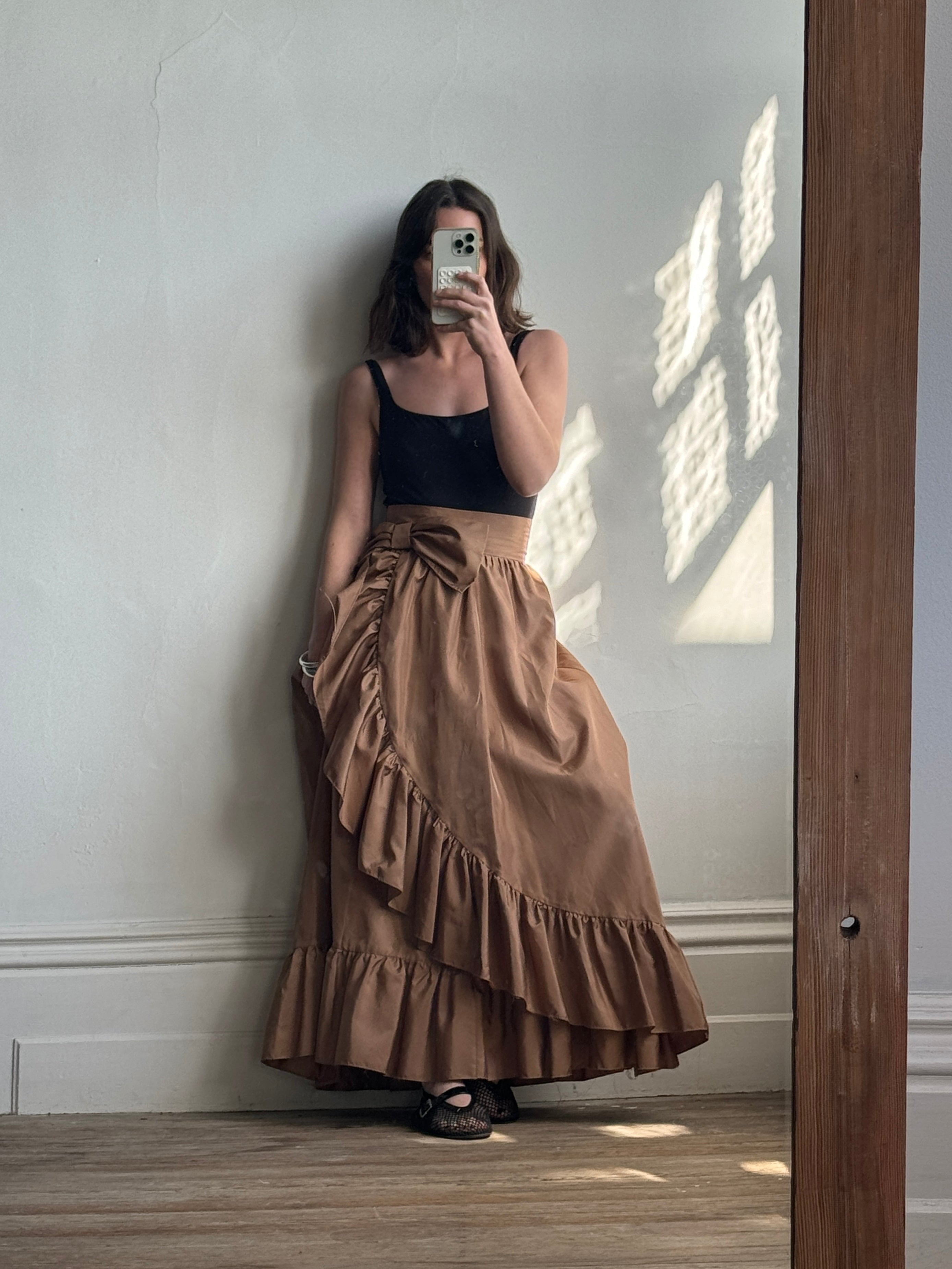 Vintage 80s Taffeta Frill Maxi Skirt Latte