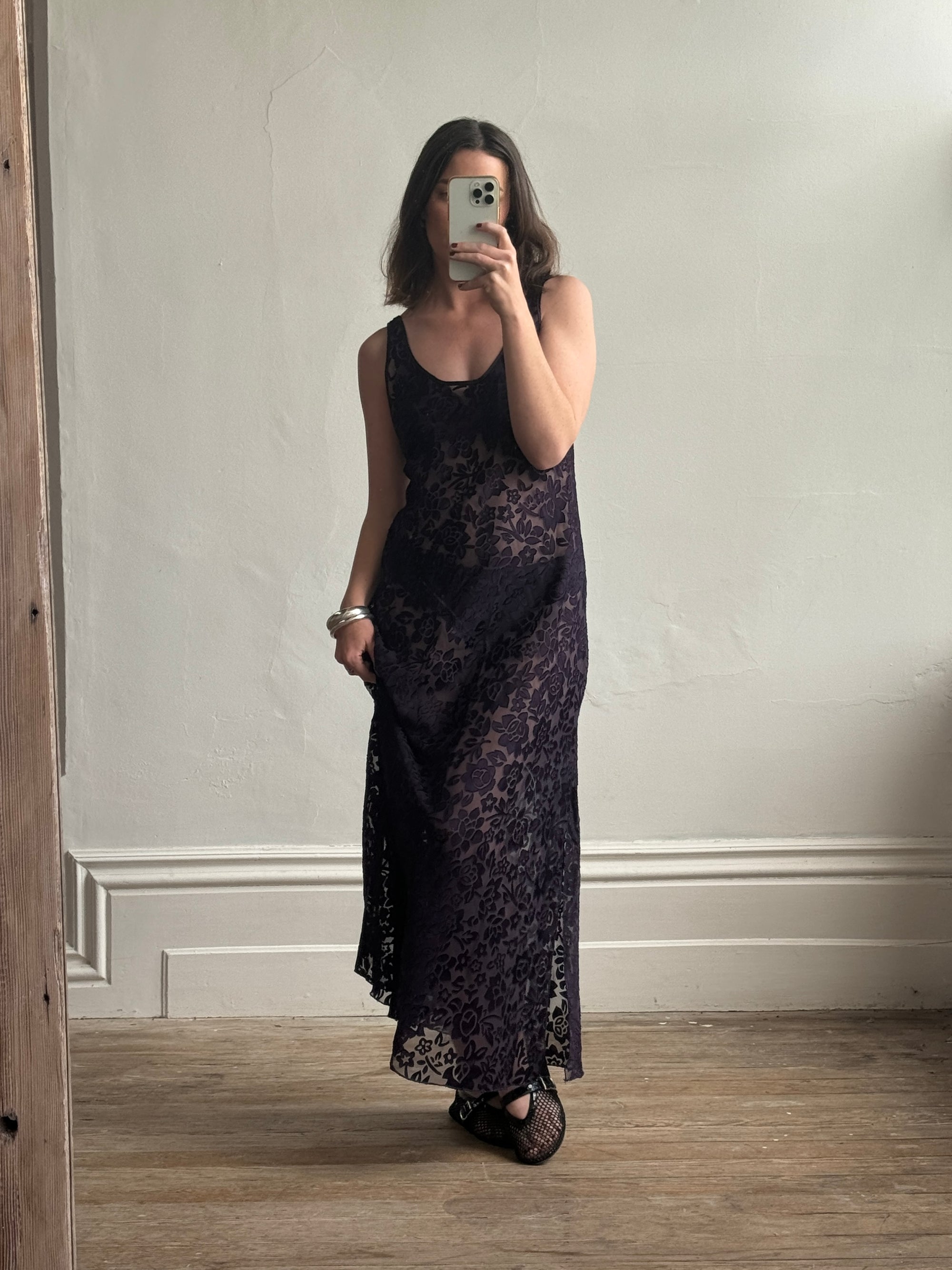 Vintage 90s Burnt Velvet Sheer Slip Dress Eggplant