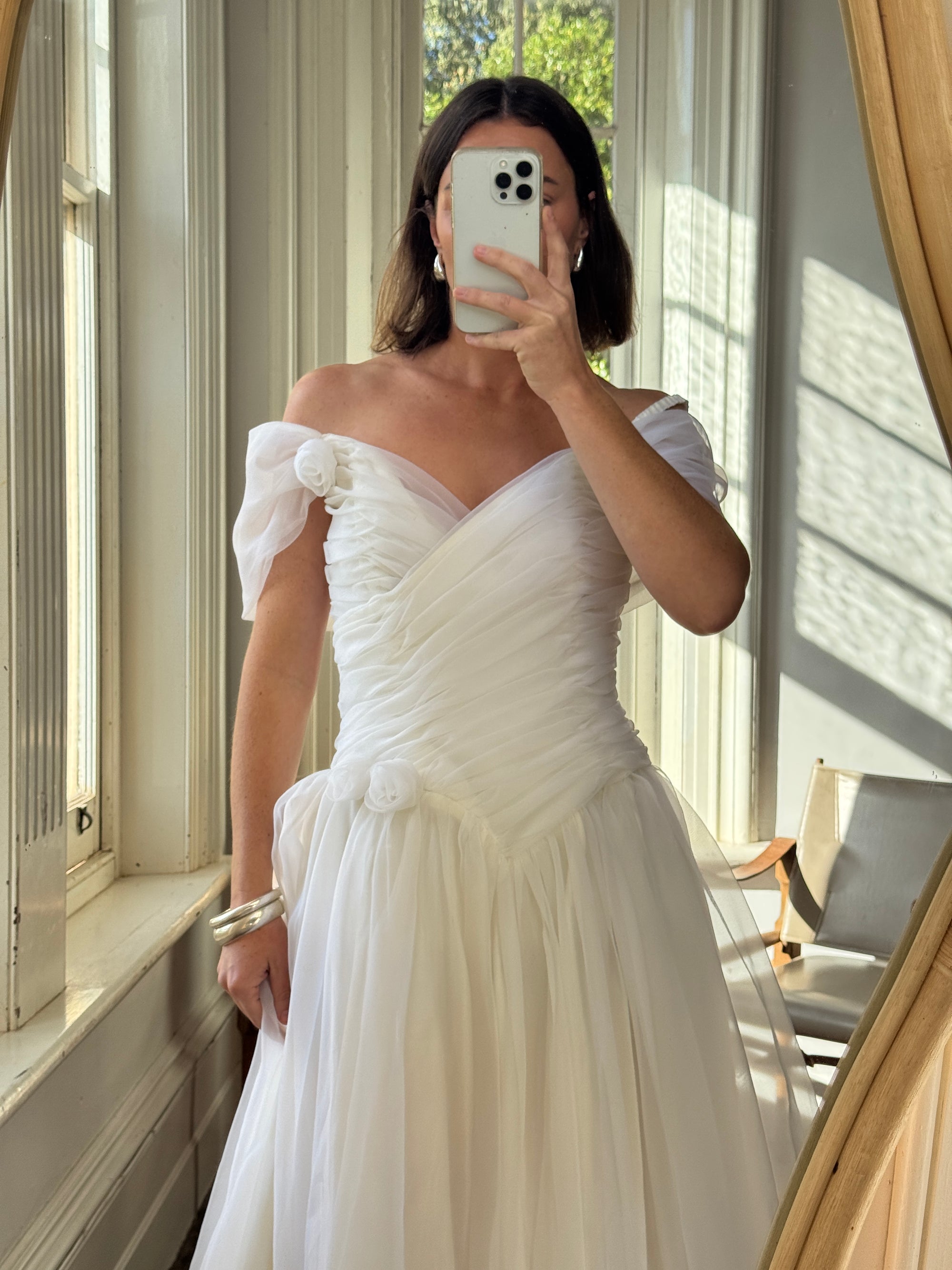 Vintage 80s Chiffon Rosette Off Shoulder Wedding Dress