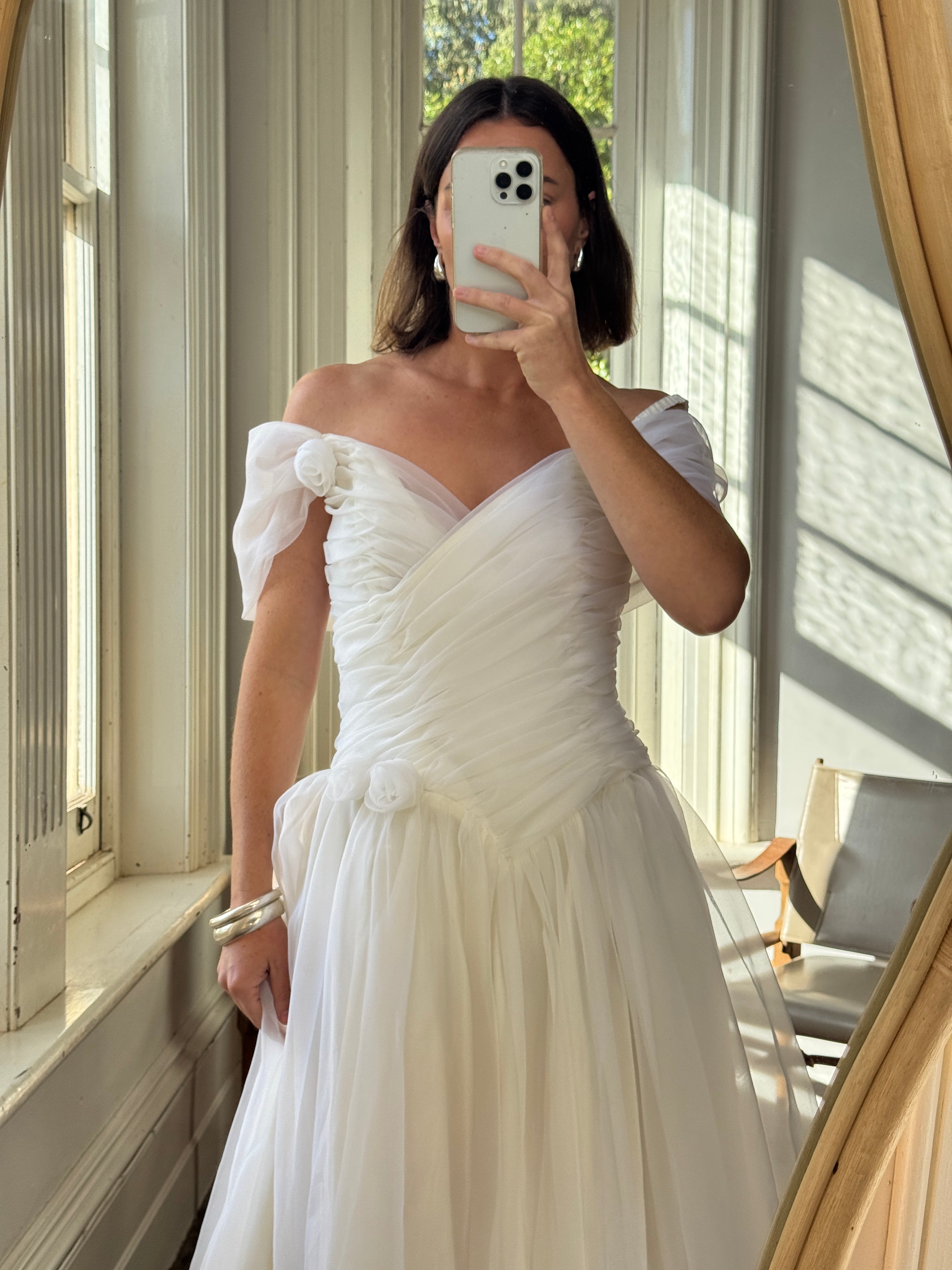 Vintage 80s Chiffon Rosette Off Shoulder Wedding Dress