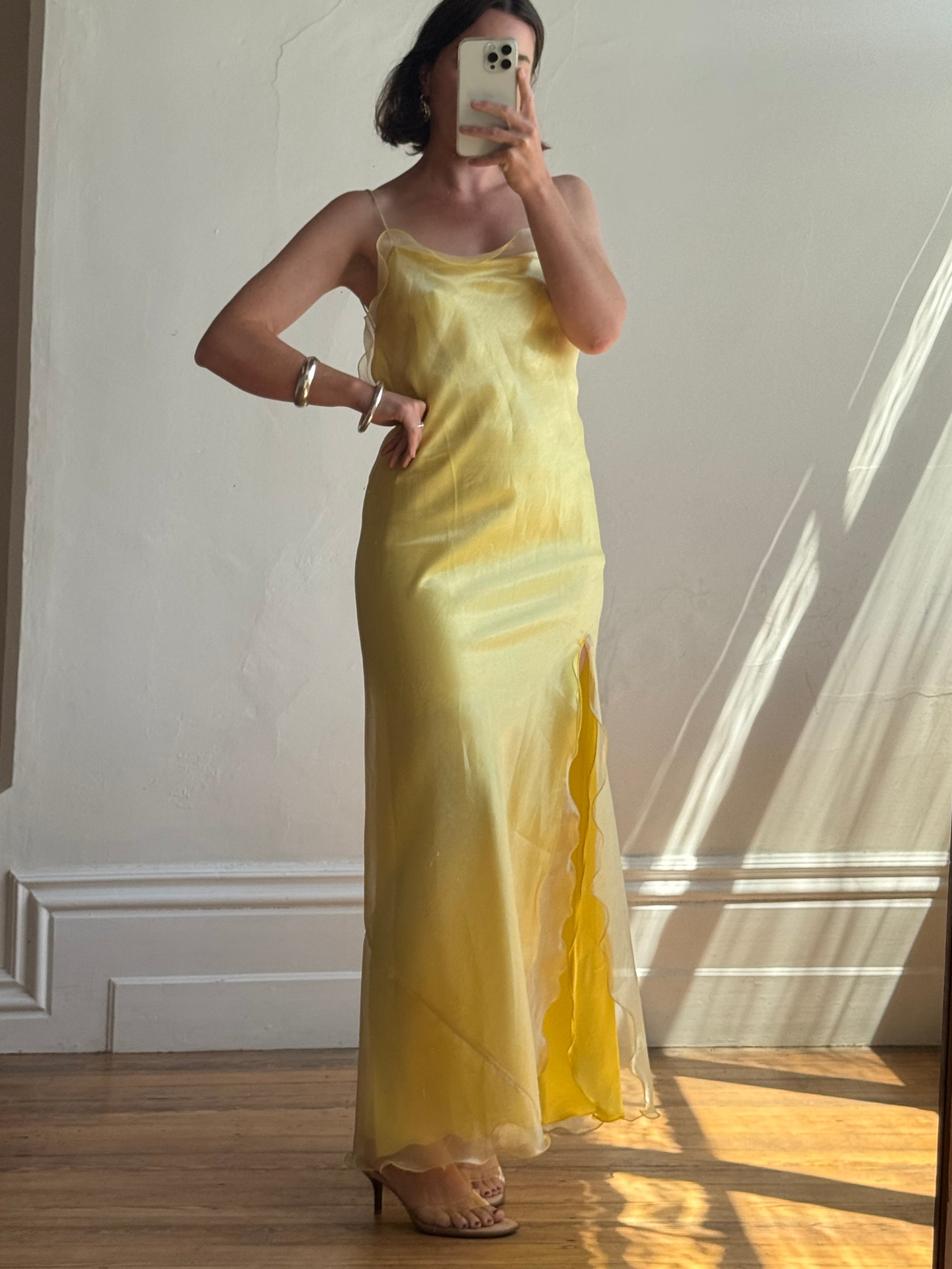 Vintage 90s Organza Yellow Ruffle Prom Slip Dress