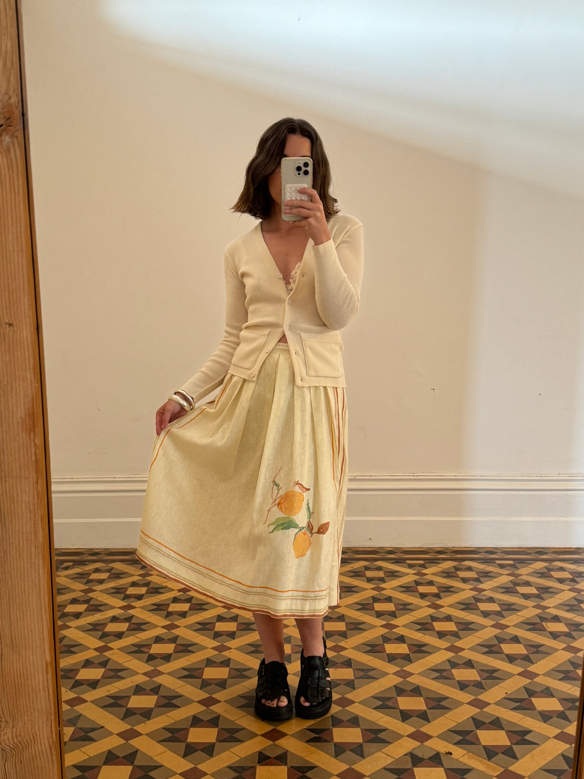 Vintage Cotton Fruit Border Midi Skirt Creme