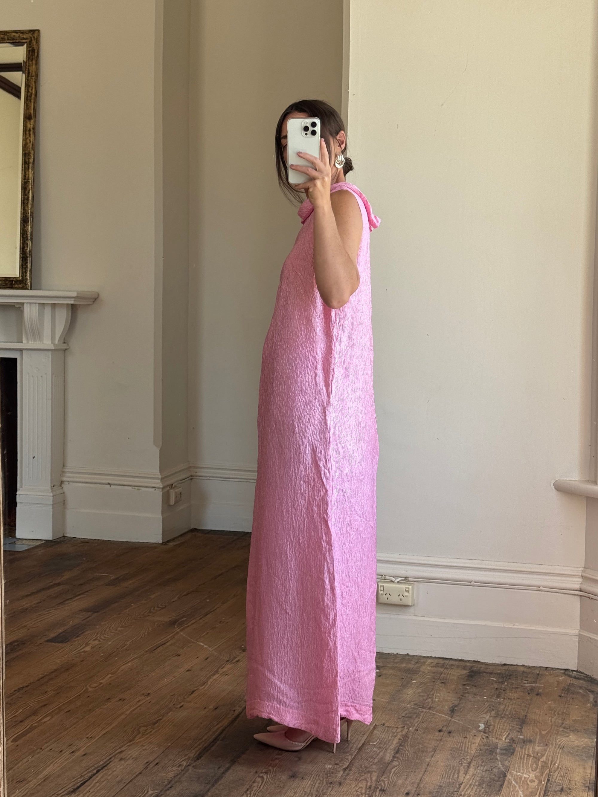 Vintage 80s Boat Neck Crinkle Dress Hot Pink