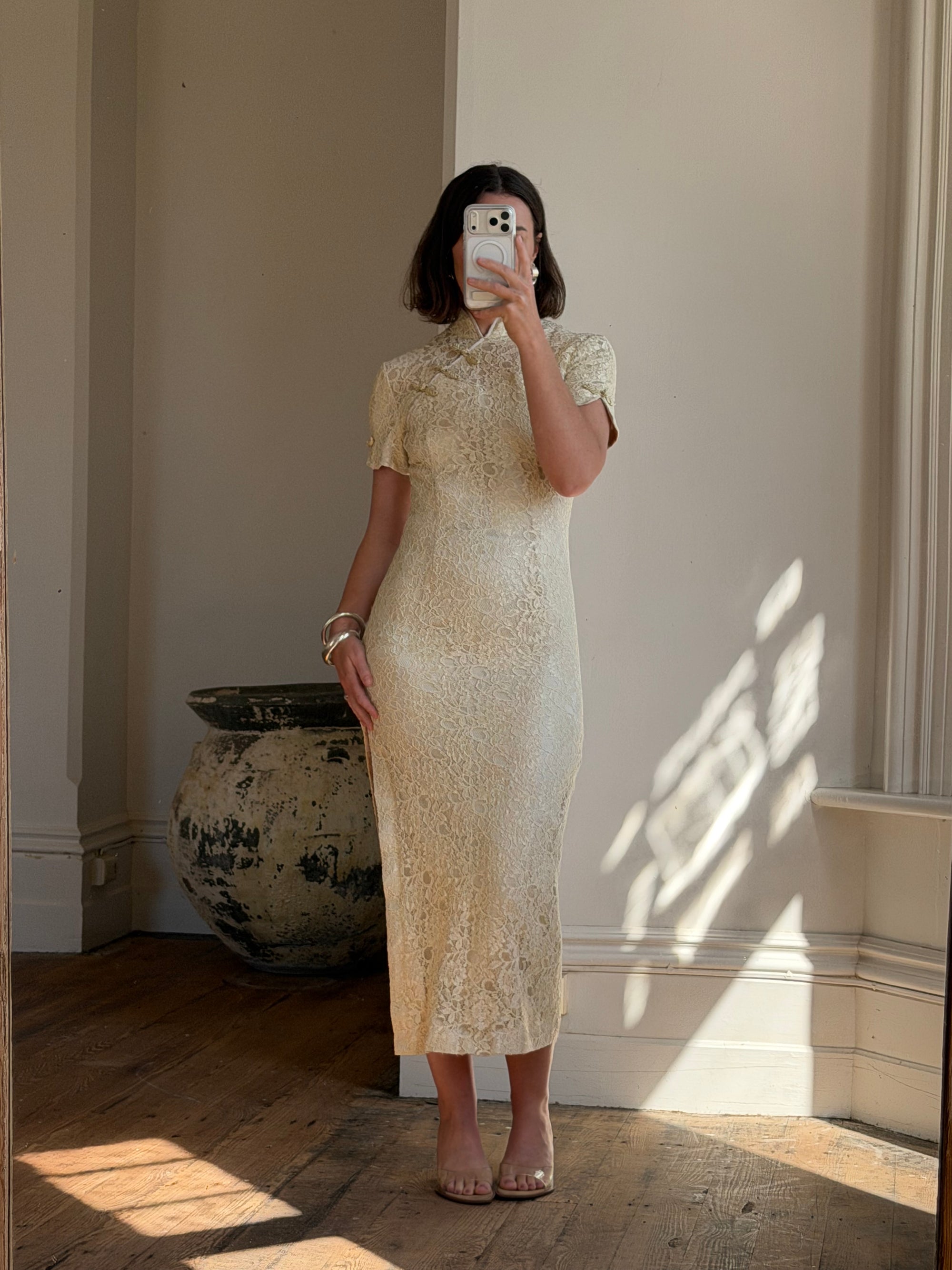 Vintage 90s Mandarin Collar Guipure Lace Midi Dress