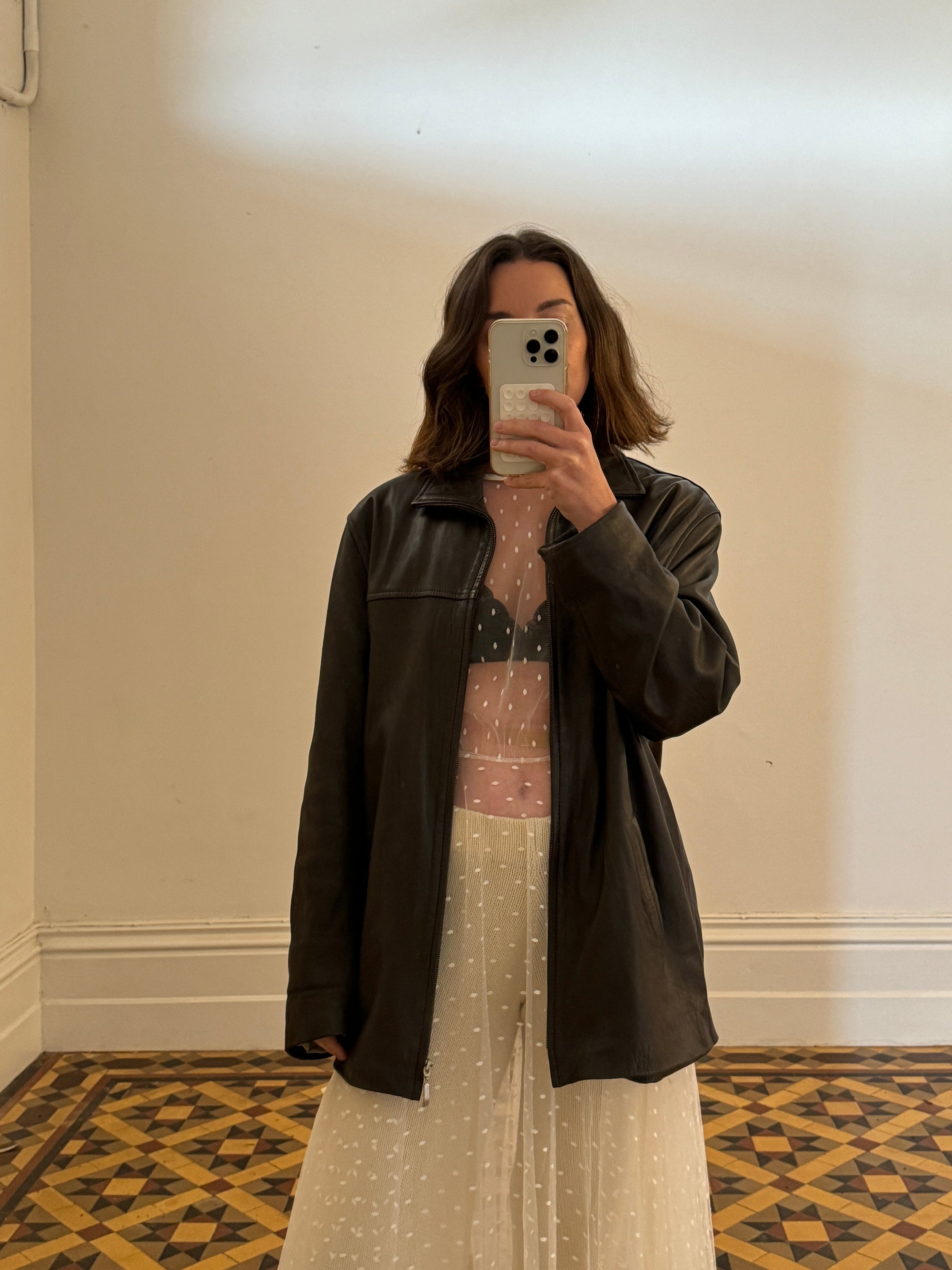 Vintage 90s Brown Leather Zip Front Oversized Jacket