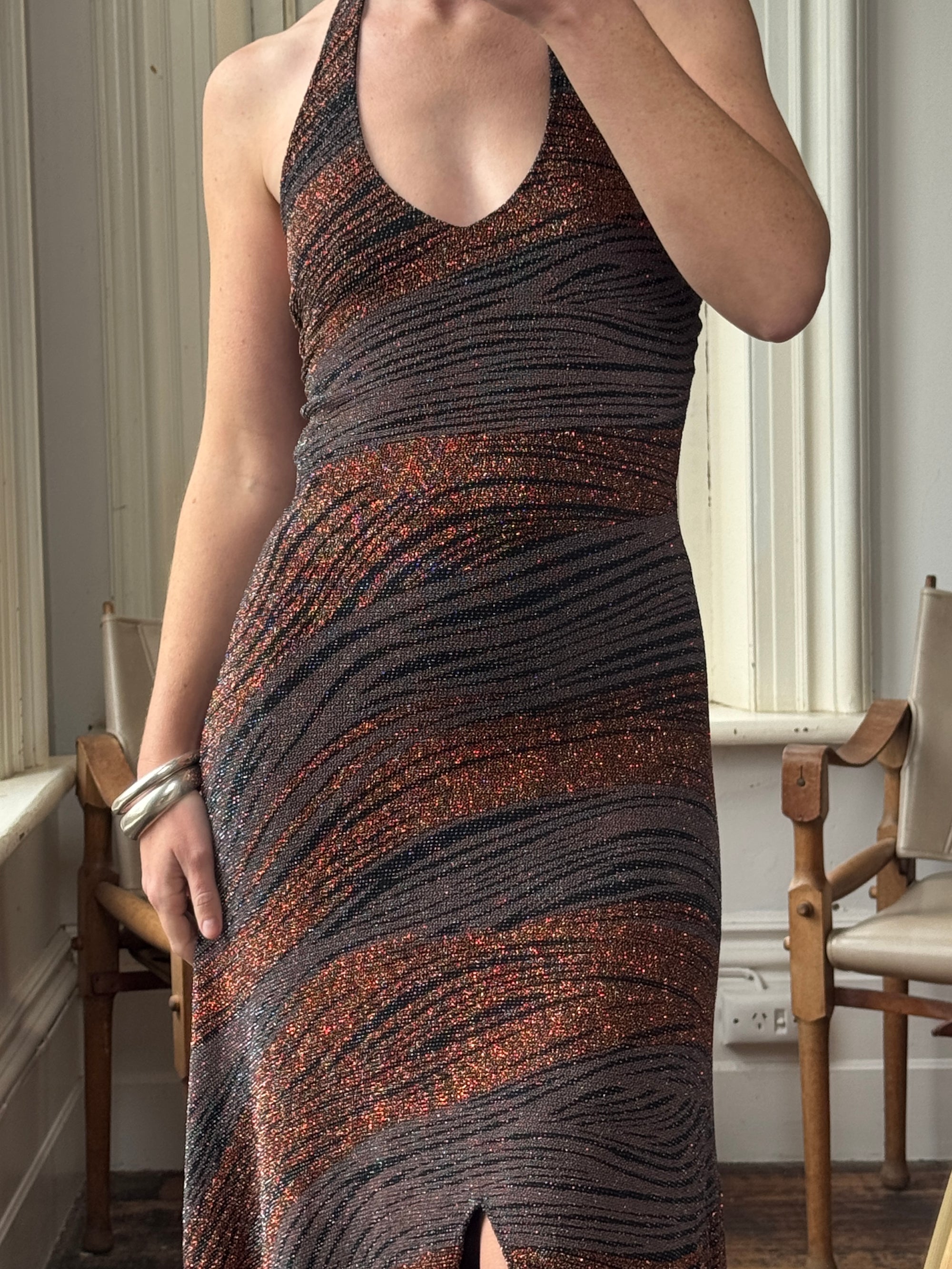 Vintage 90s Bodycon Bronze Lurex Halter Dress