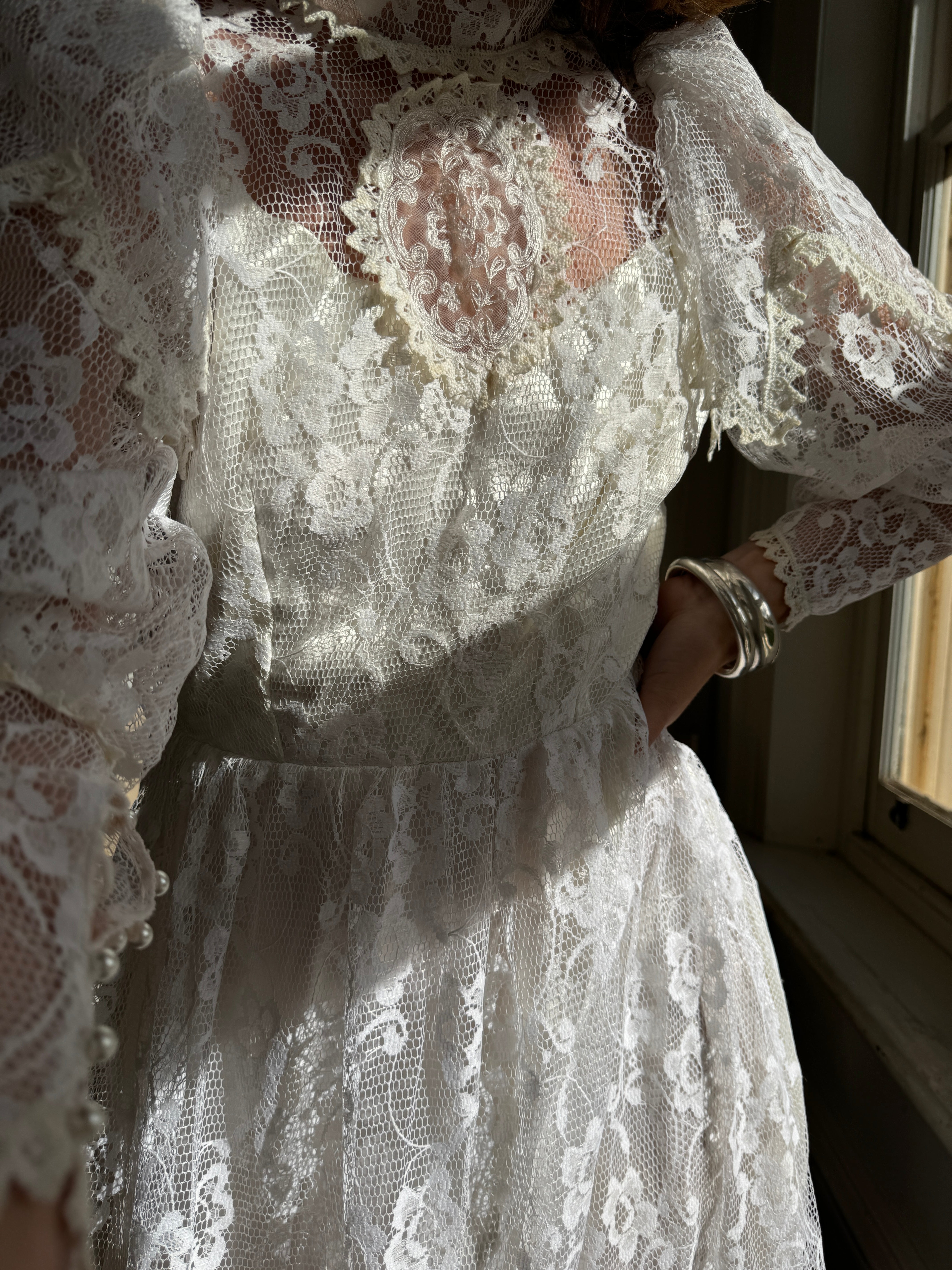 Vintage 70s Crochet Lace Mesh Maxi