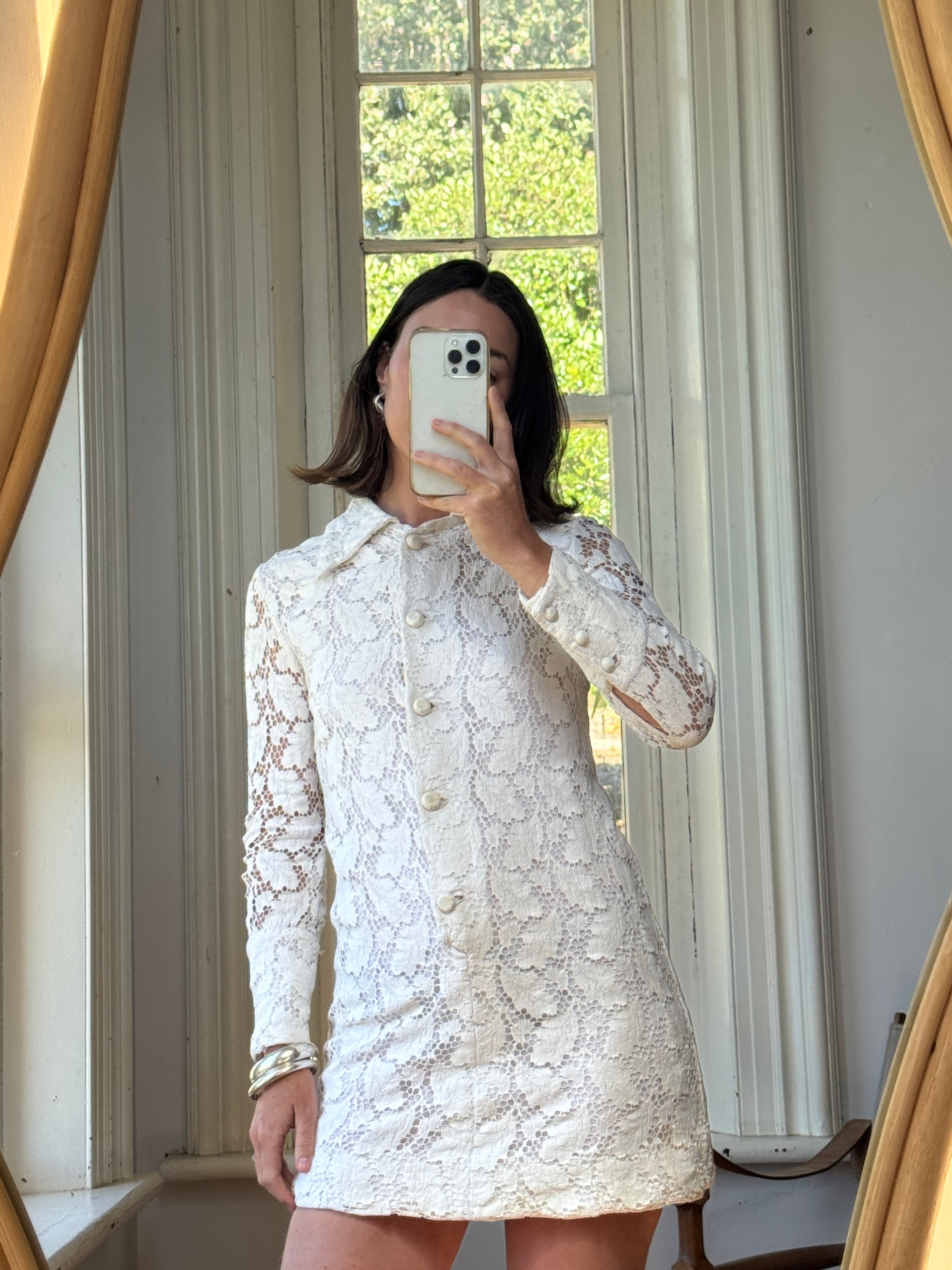 Vintage 70s Lace Button Up Micro Mini