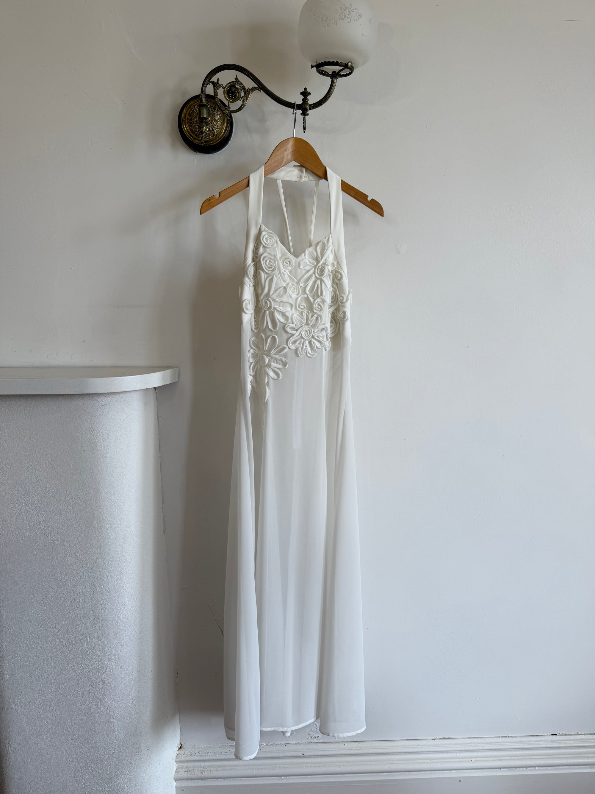 Vintage 90s Daisy Sheer Halter Midi Dress White