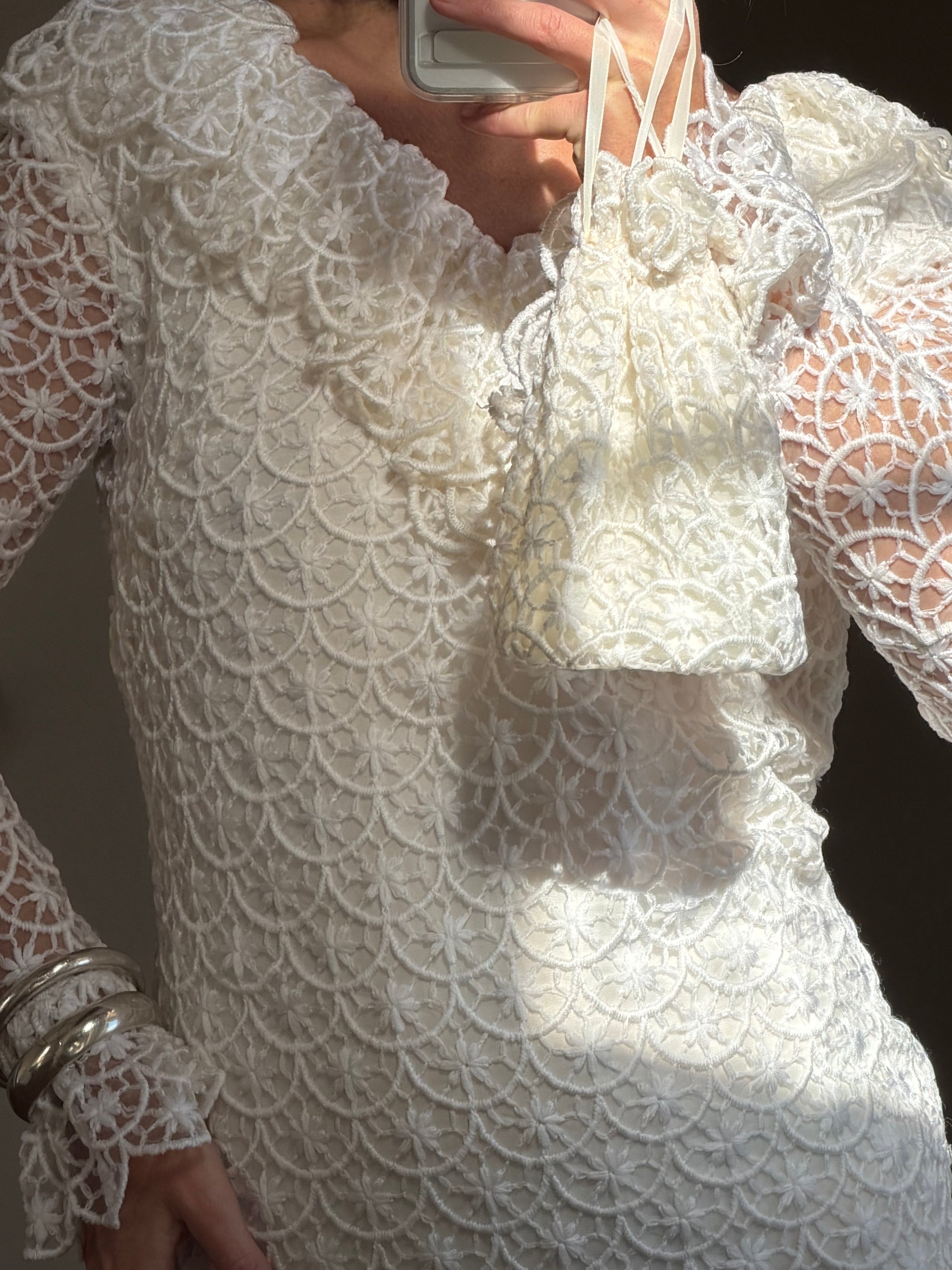 Vintage 90s Italian Crochet Column Frill Dress with Matching Bag