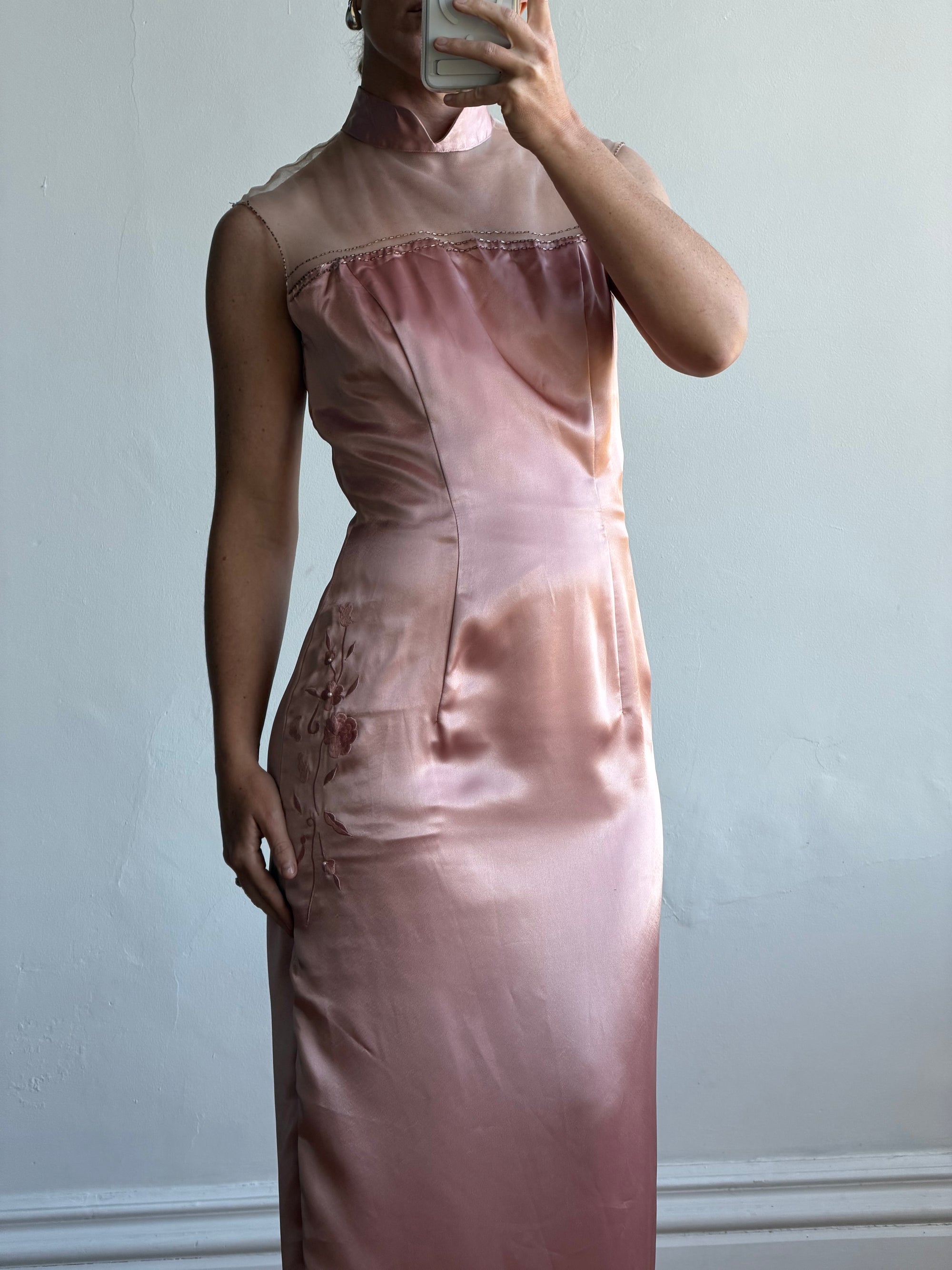 Vintage 90s Dusty Rose Satin High Neck Dress