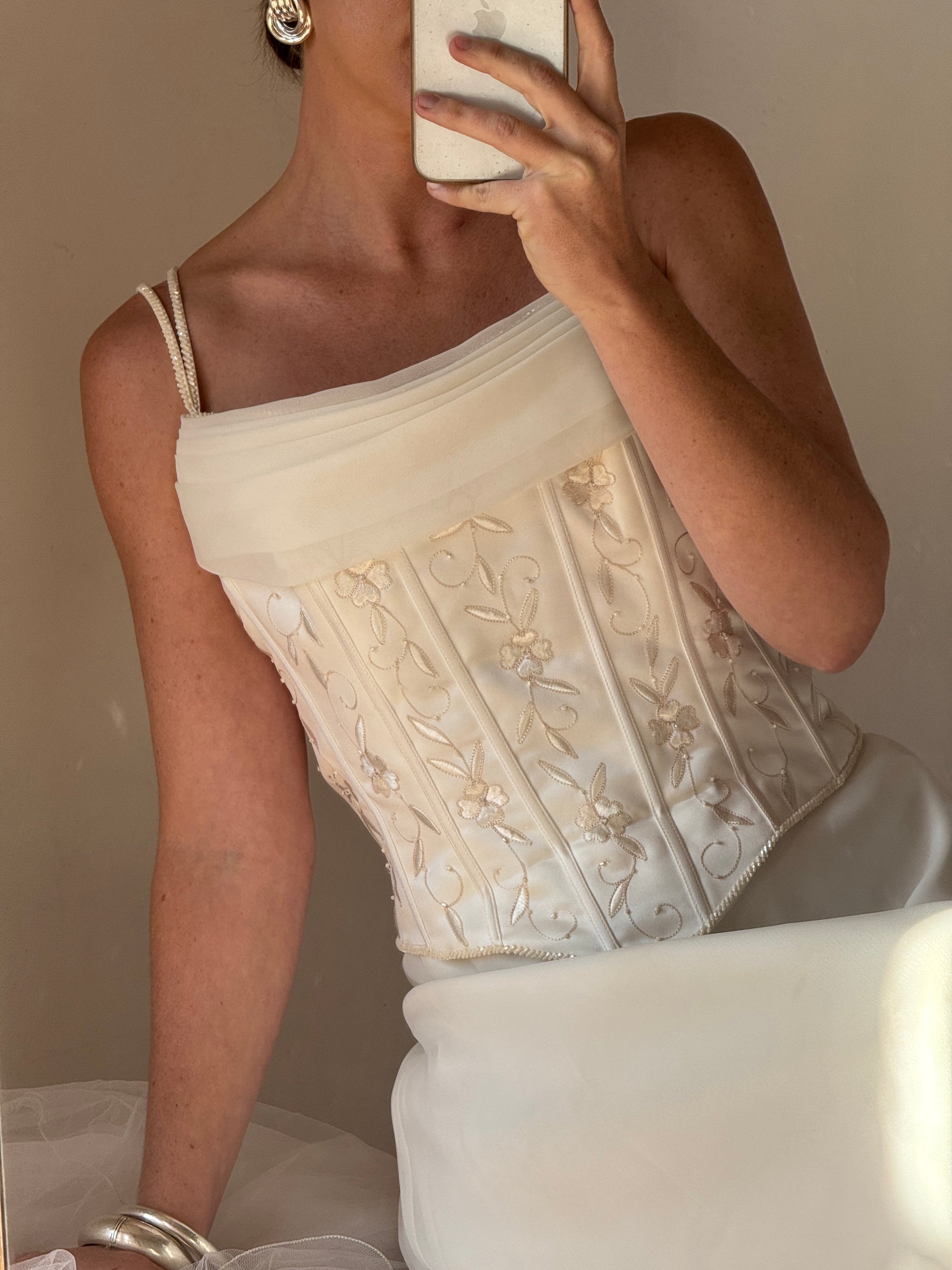 Vintage 90s Chiffon Jacquard Corset Embellishment Wedding Gown