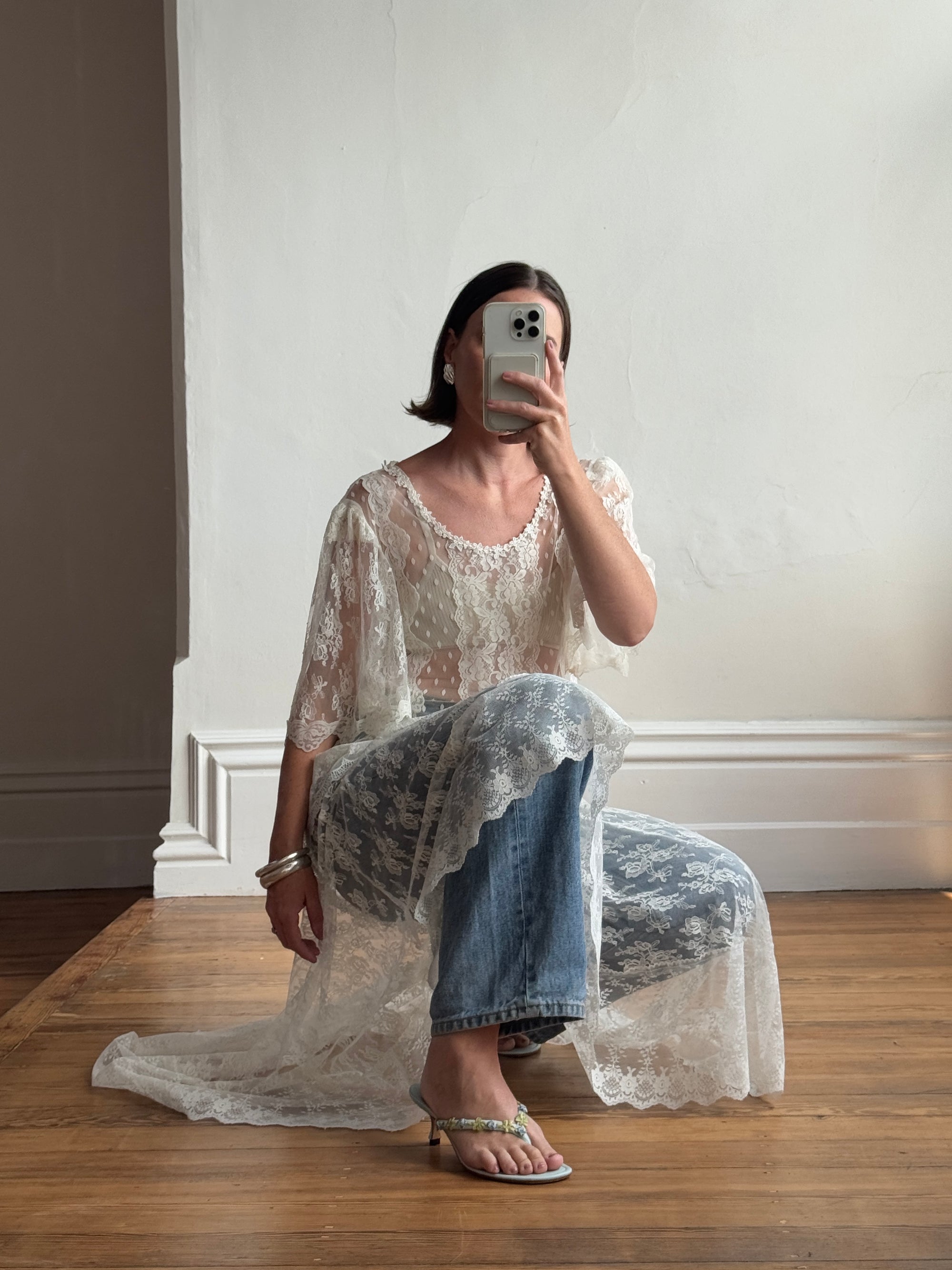 Vintage 70s Stretchy Sheer Lace Smock Dress Creme