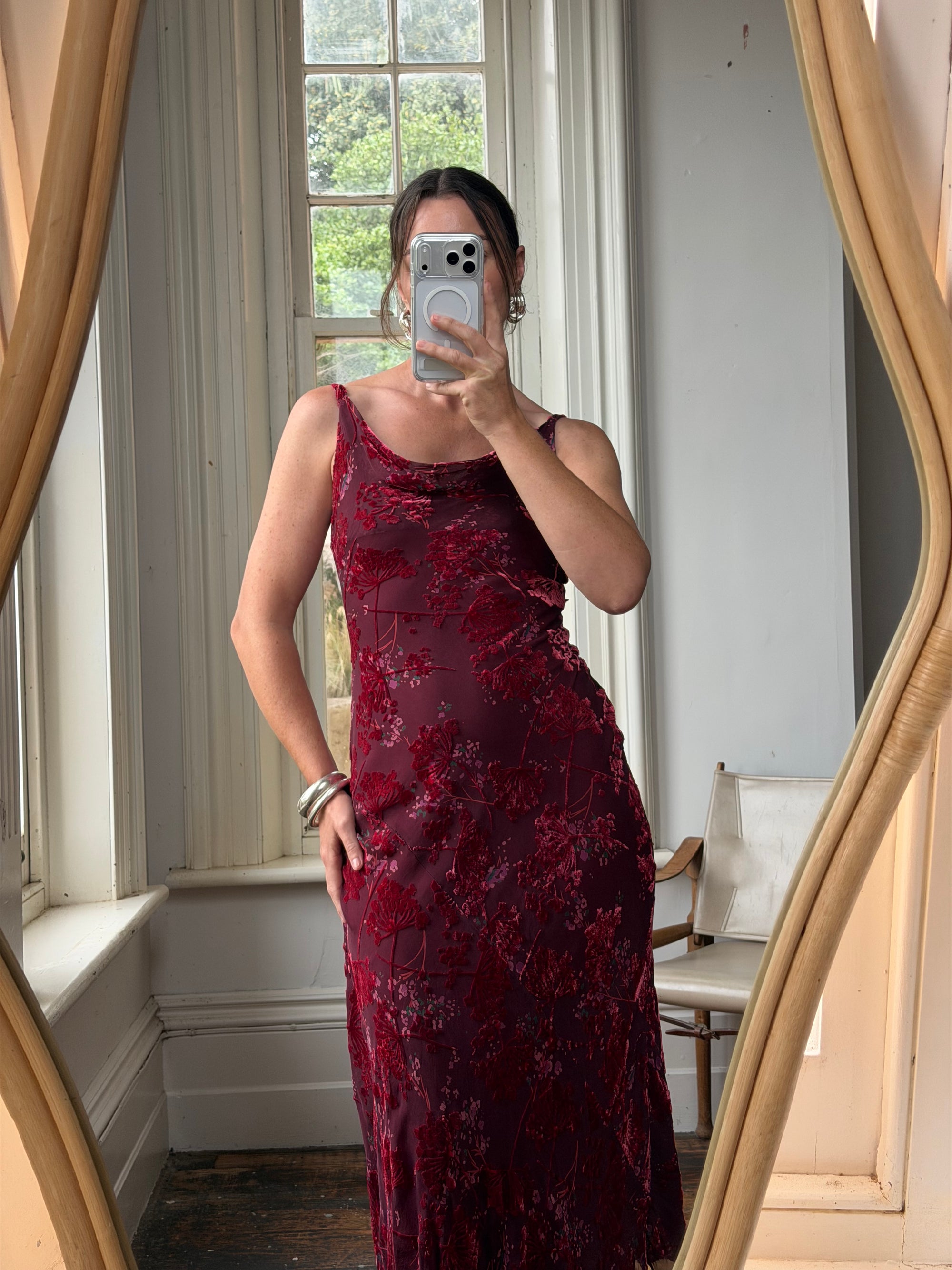 Vintage 90s Burnt Velvet Cowl Neck Dress Plum