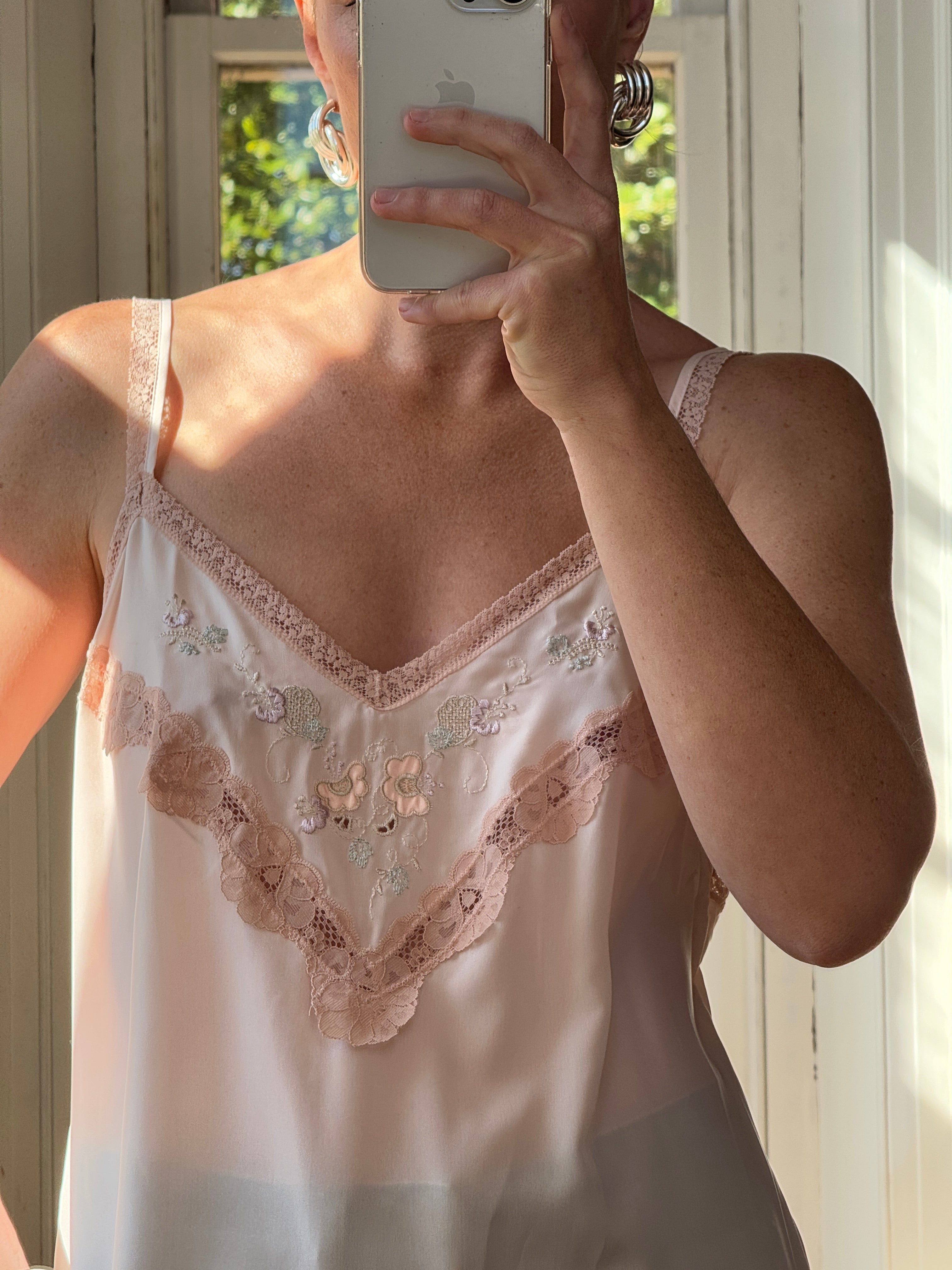 Vintage Embroidered Lace Midi Slip Dress Marshmallow