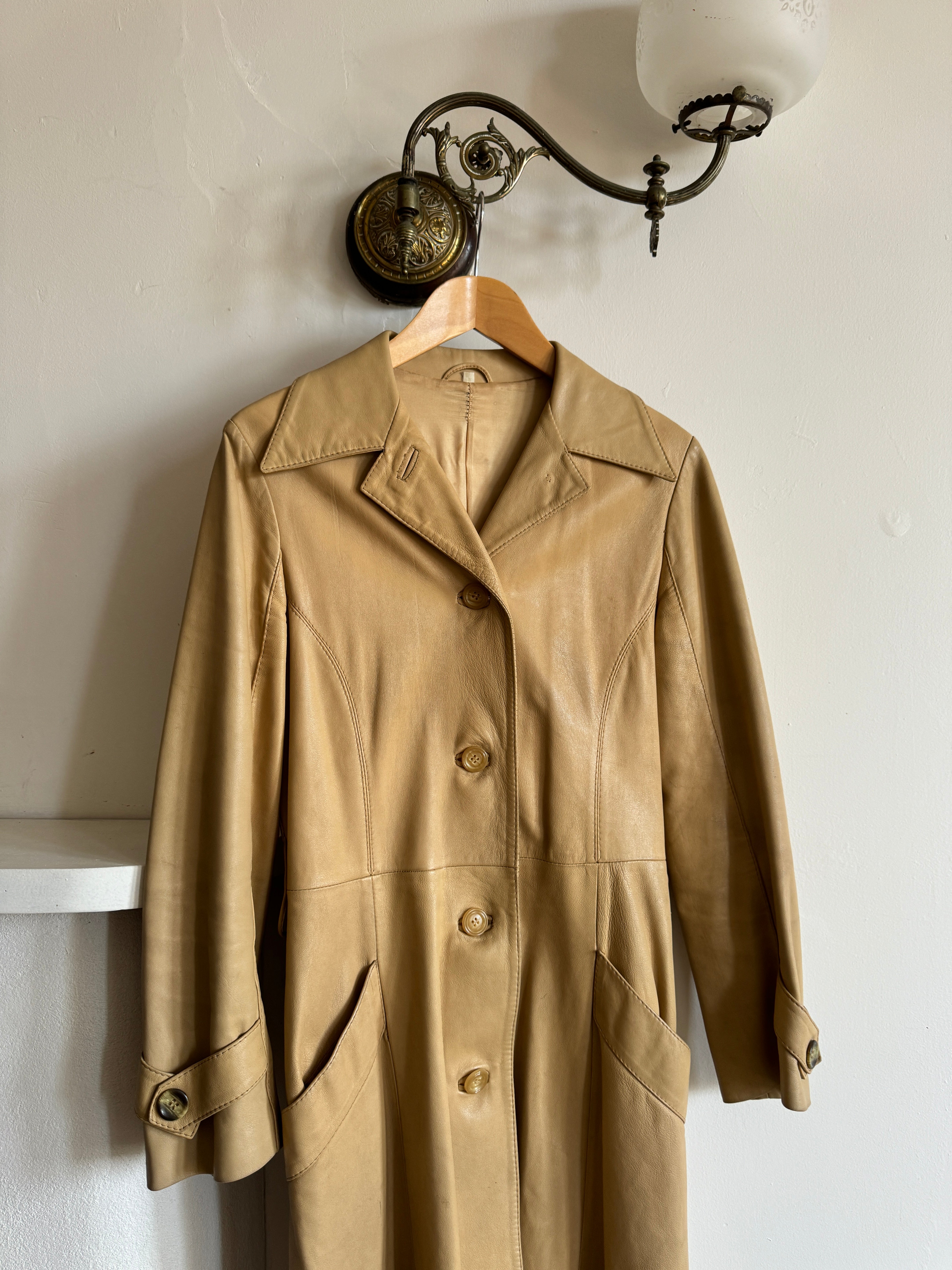 Vintage 70s Caramel Leather Trench Coat