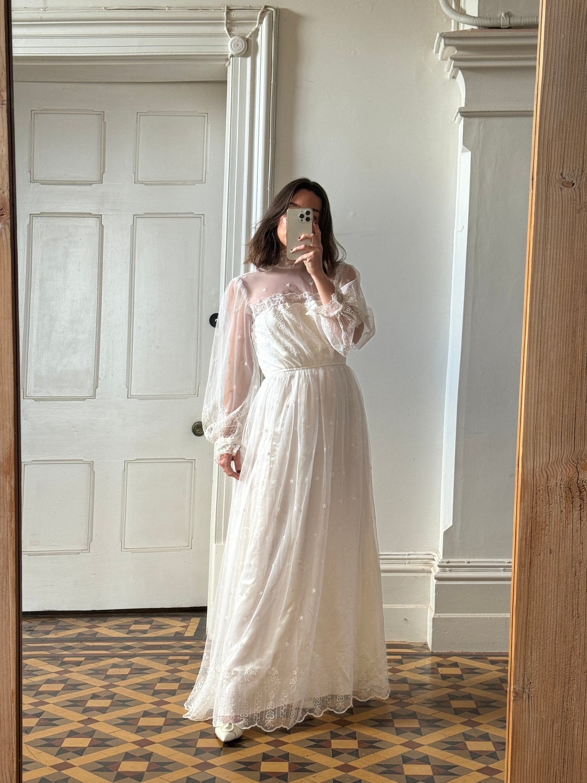 Vintage 70s High Neck Embroidered Long Sleeve Wedding Dress