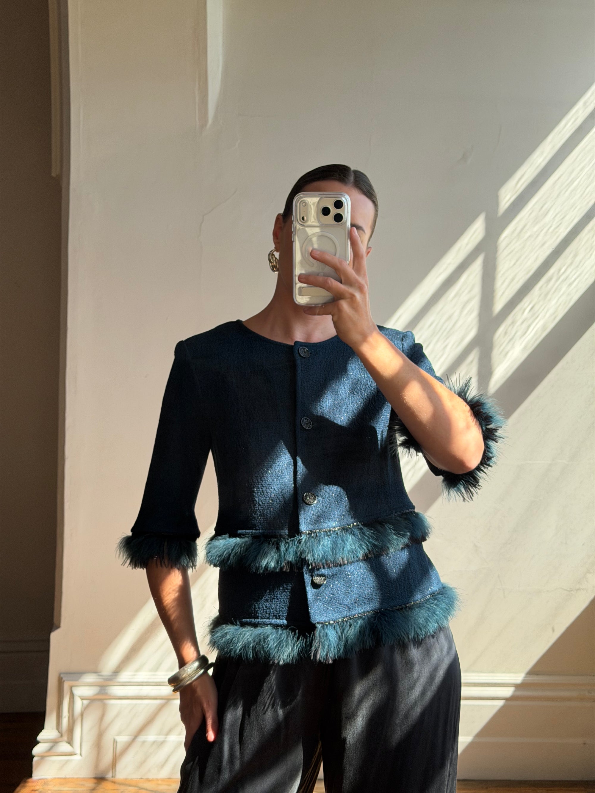 Vintage 90s Couture Ostrich Feather Jacket Navy
