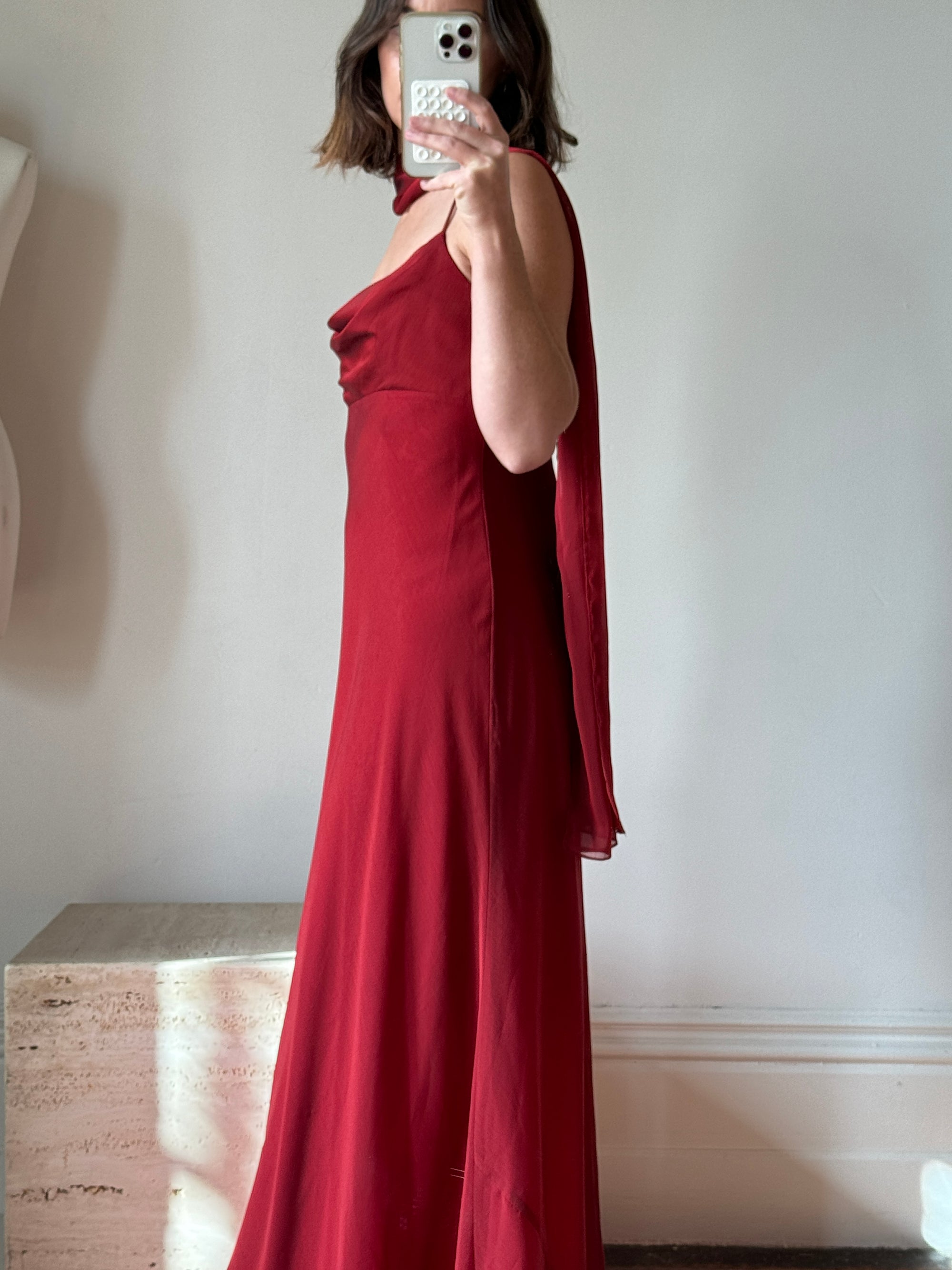 Vintage 90s Red Slip Dress with Skinny Scarf