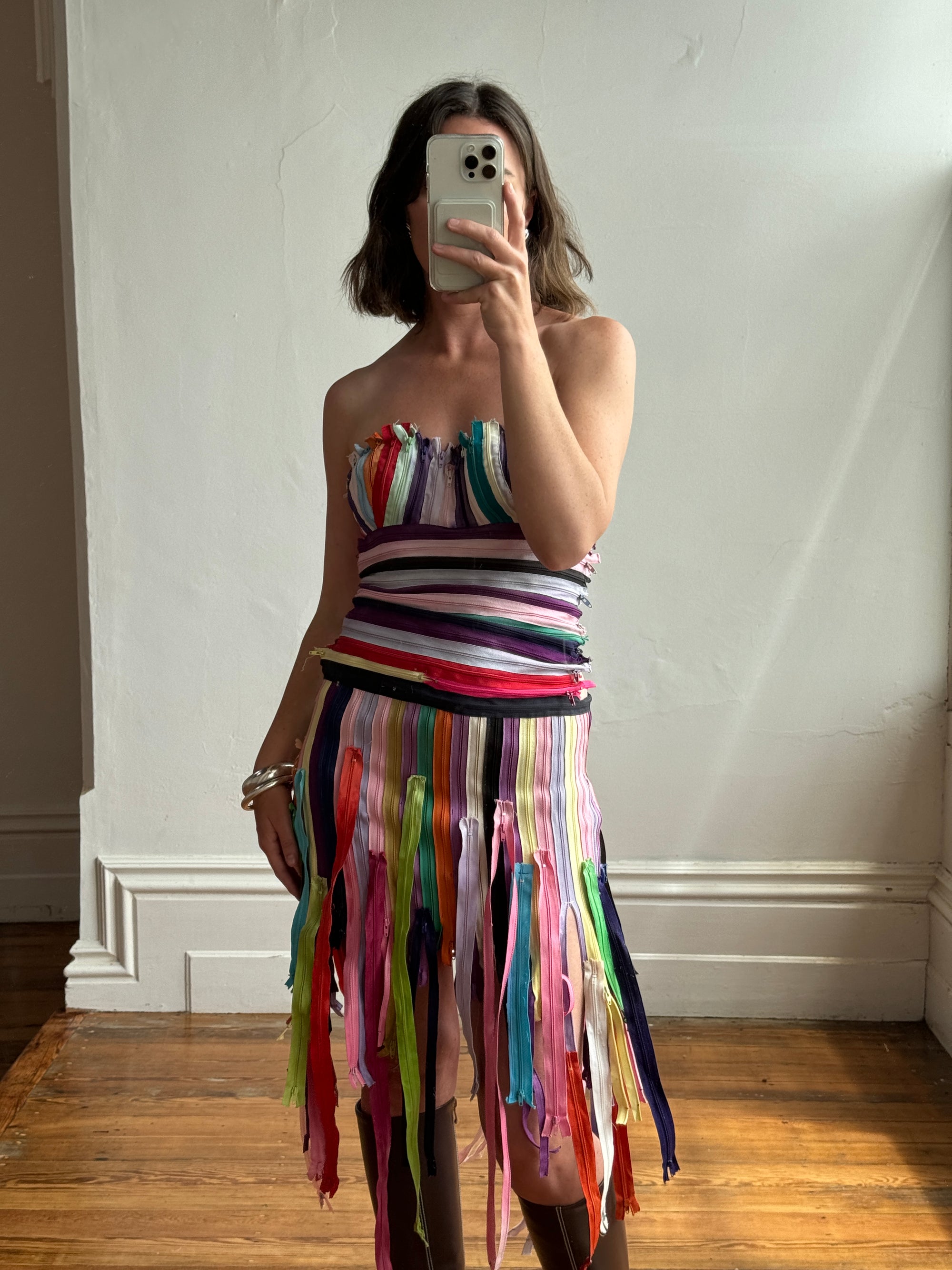 Vintage 90s Multi Coloured Zipper Low Rise Bustier Dress