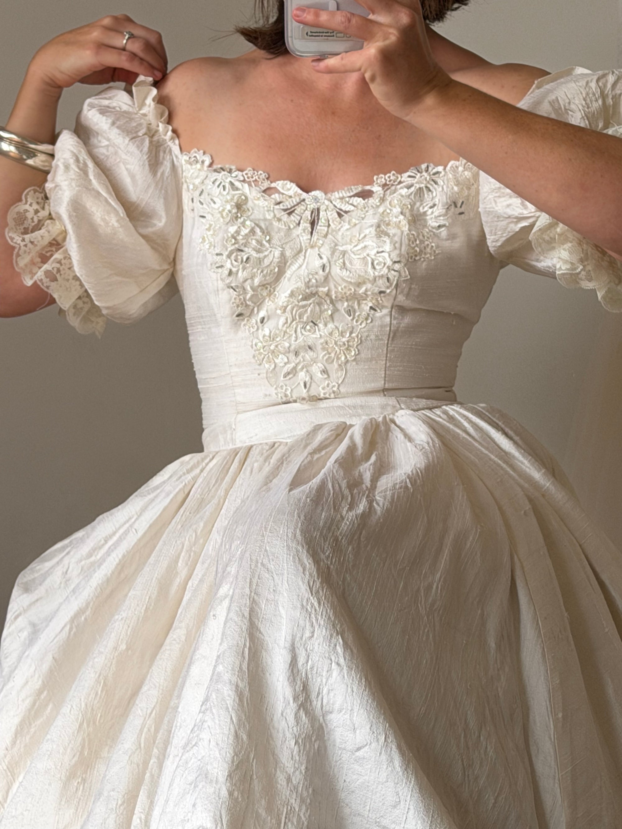Vintage 90s Silk Puff Sleeve Embroidered Wedding Dress