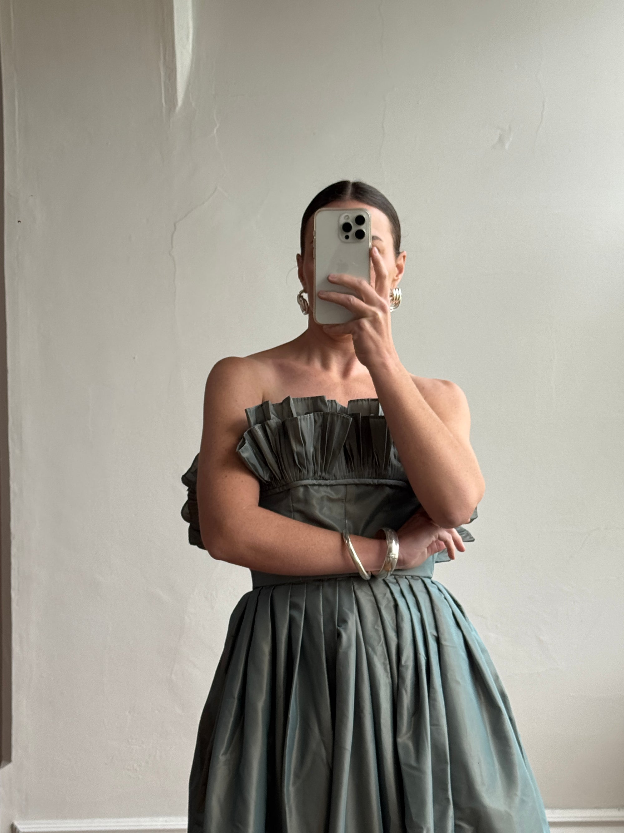 Vintage 80s Taffeta Pleated Strapless Gown Slate