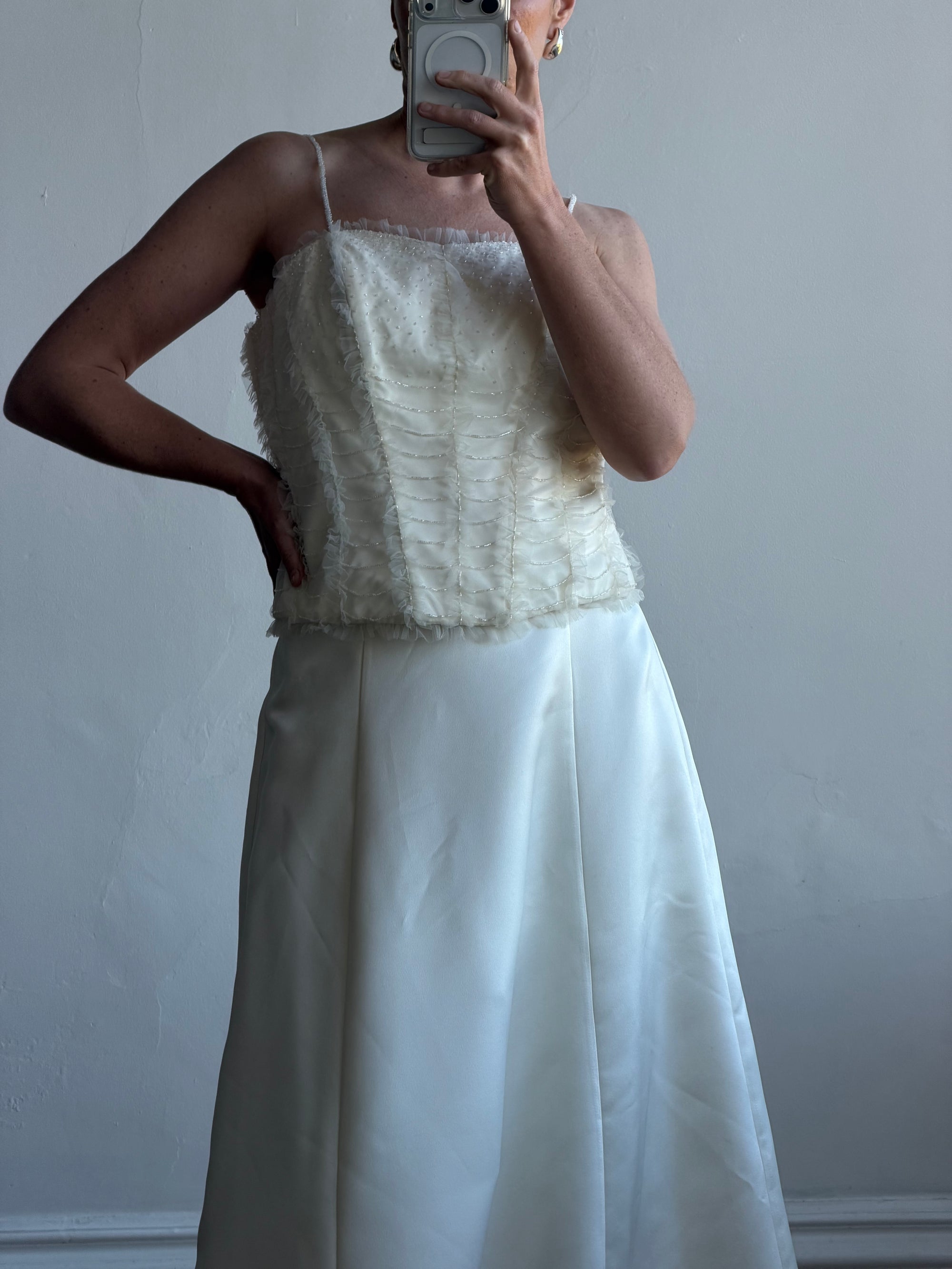 Vintage 90s Italian Bridal Fairy Tulle Embroidered Bustier and Satin Skirt