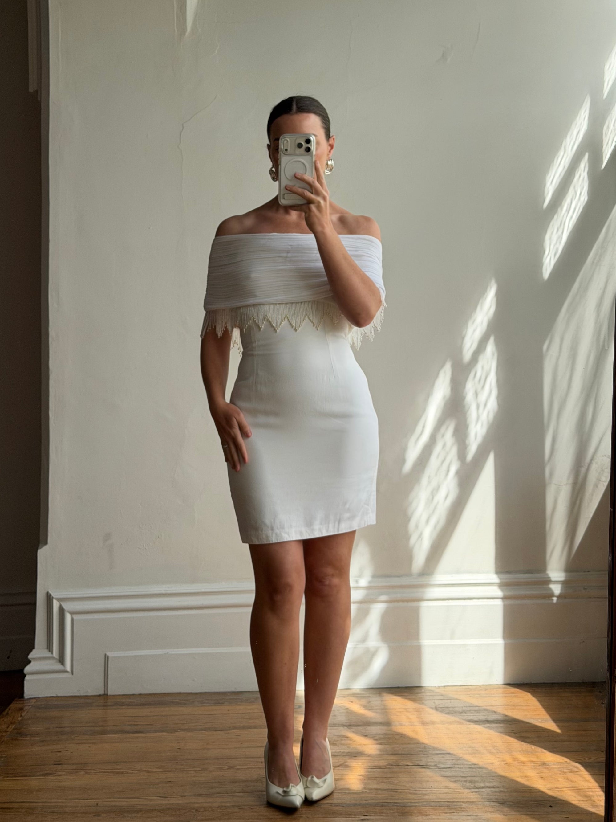 Vintage 90s White Pleated Beaded Fringe Mini Dress