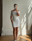 Vintage 90s White Pleated Beaded Fringe Mini Dress