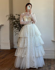Vintage 70s Tiered Lace and Tulle Long Sleeved Wedding Gown