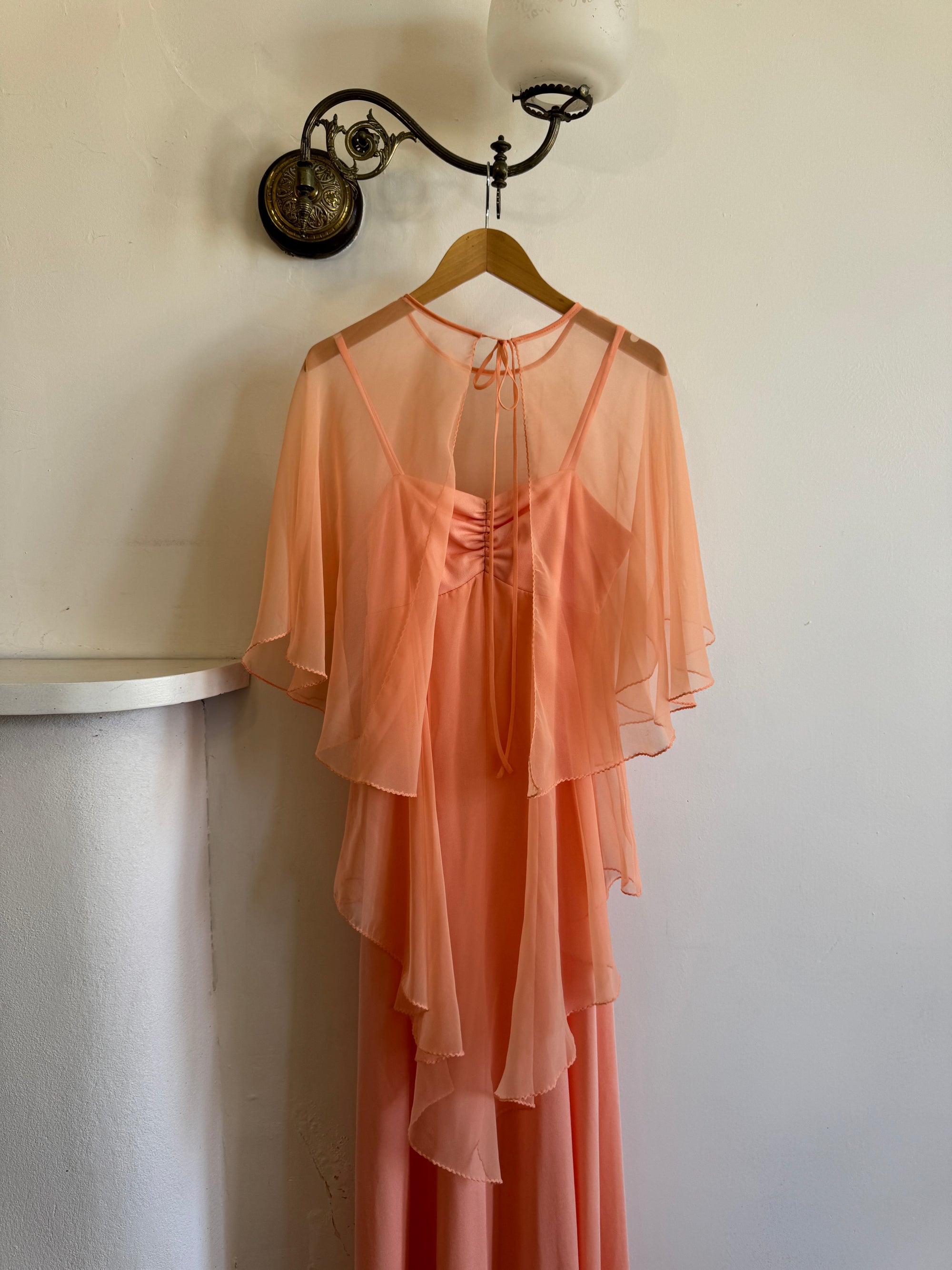 Vintage 70s Apricot Maxi Dress with Sheer Cape