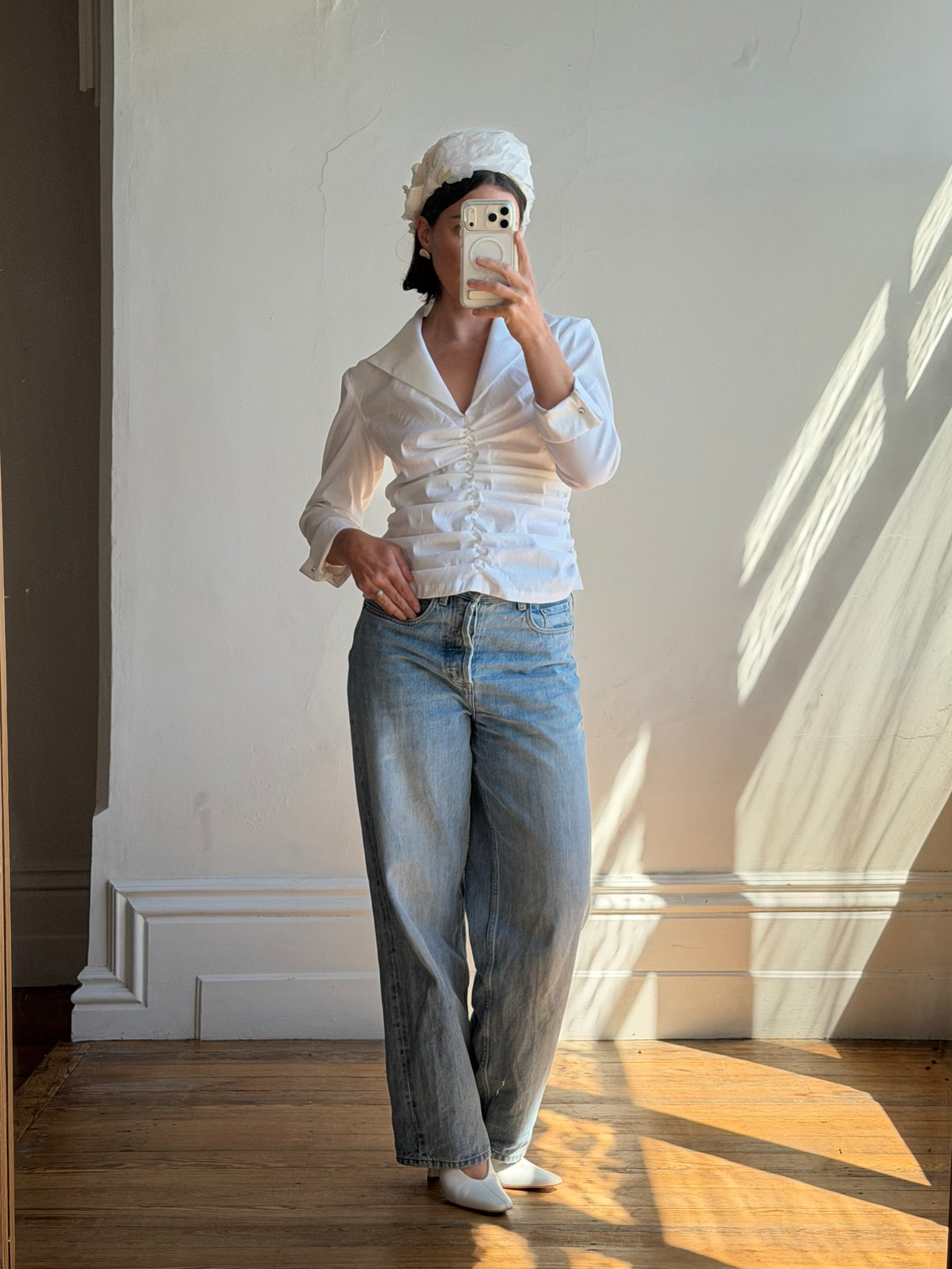 Vintage 90s Structured Collar Gathered Blouse Crisp White