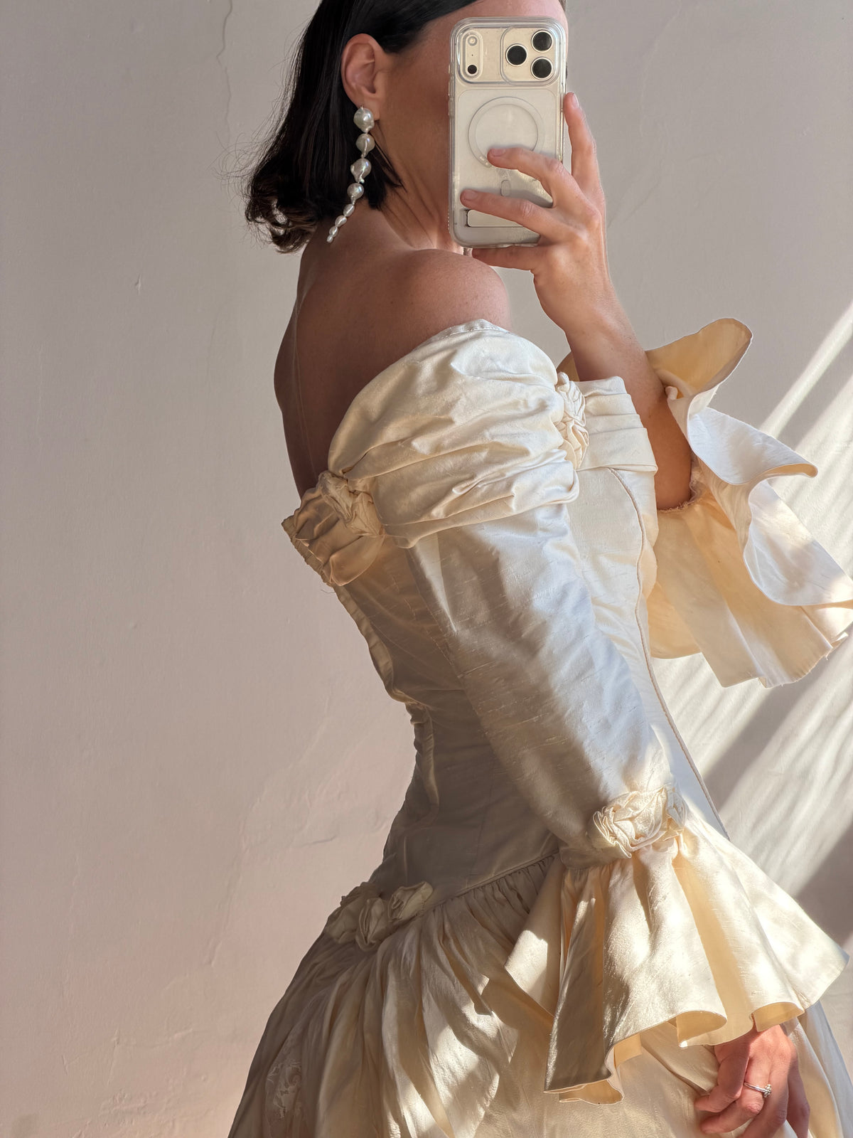 Vintage 90s Silk Dupion Off Shoulder Rosette Bridal Ballgown